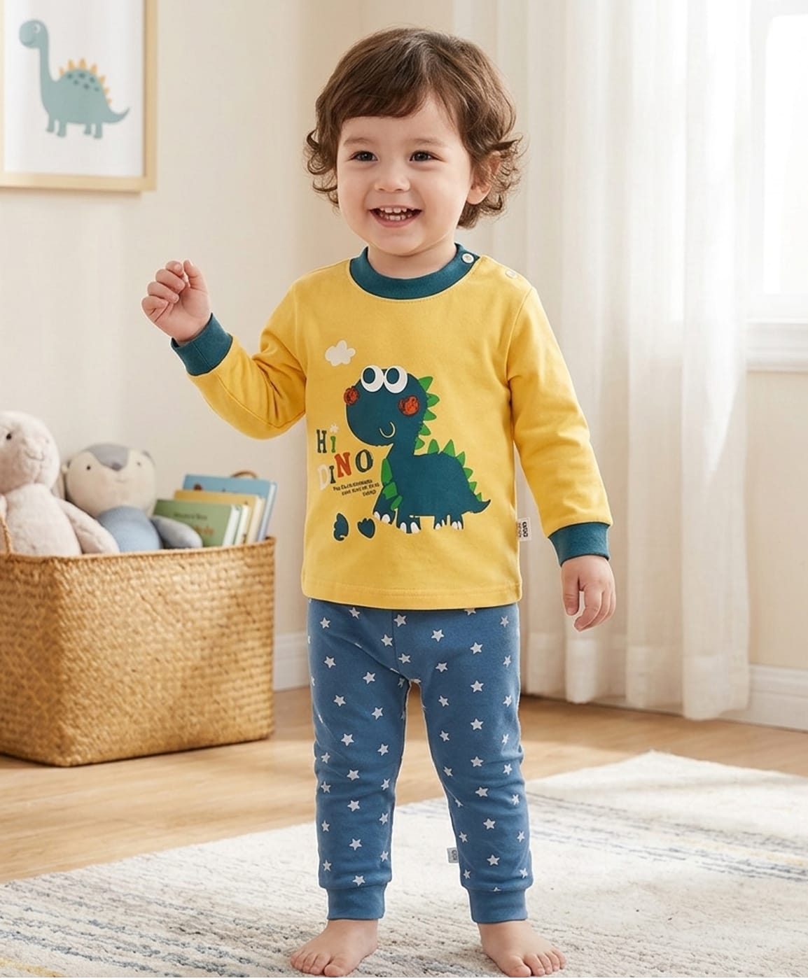 tior Cotton Woven Full Sleeves Dinosaur Printed Tee & Pants Set - Mustard-picture-25