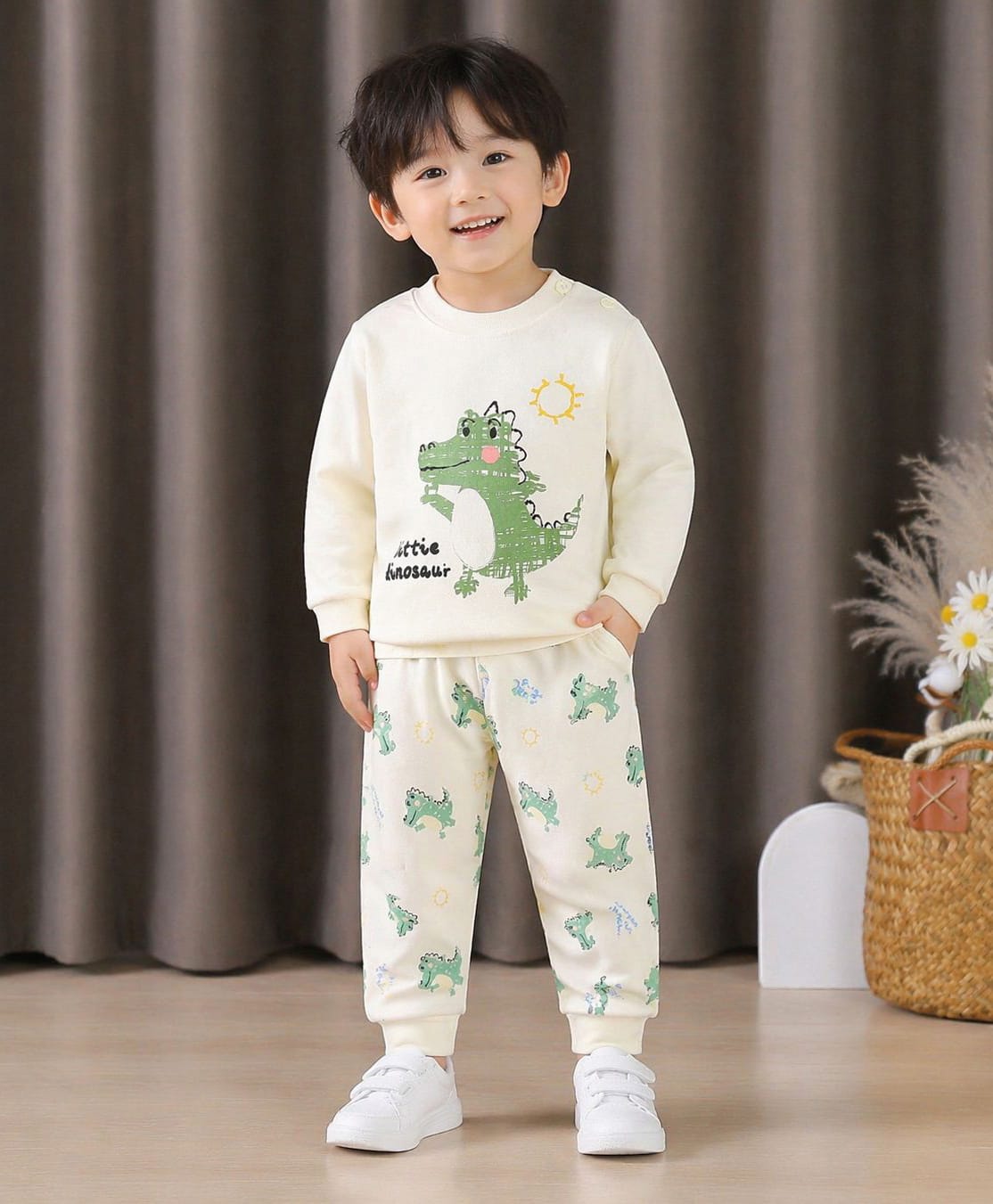 tior Cotton Woven Full Sleeves Crocodile Printed Tee & Pants Set - Cream-picture-29