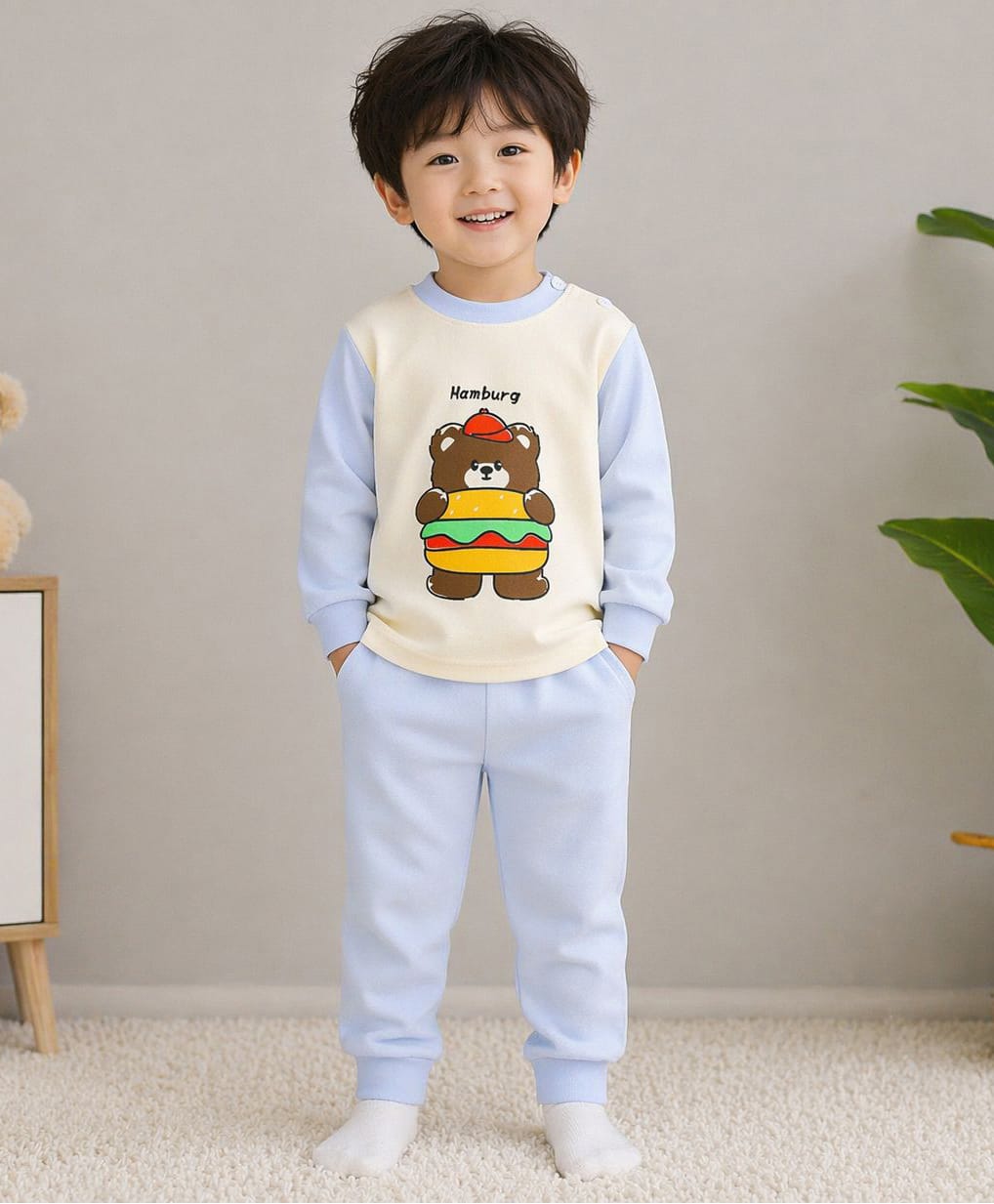 tior Cotton Woven Full Sleeves Hamburger Bear Printed Tee & Pants Set - Sky Blue-picture-28
