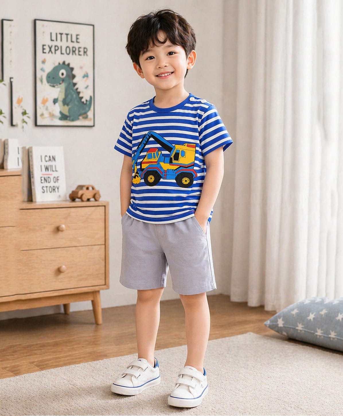 tior Cotton Woven Half Sleeves Striped & Construction Vehicle Printed Tee & Shorts Set - Blue-picture-25