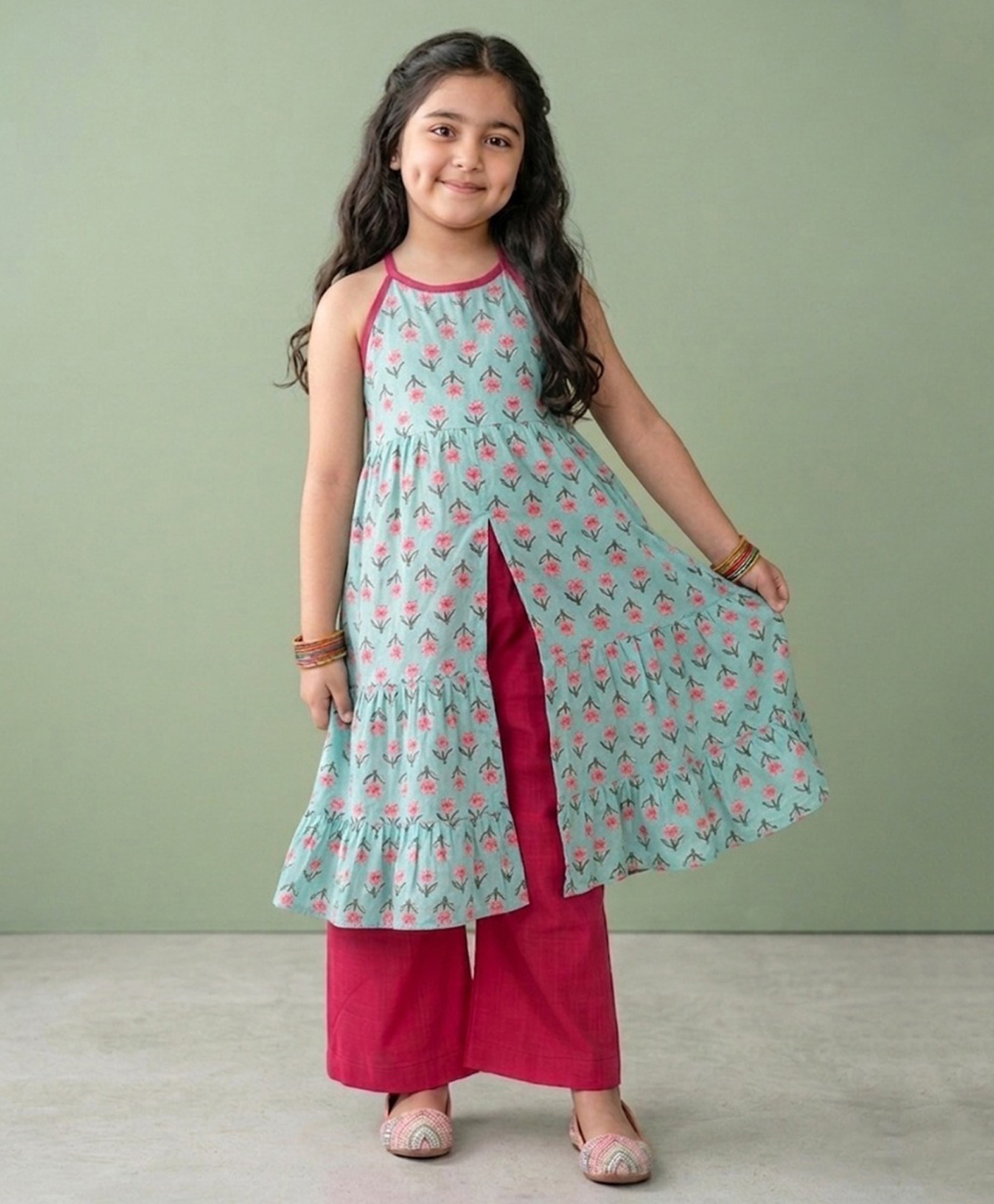 Kinder Kids Cotton Woven Sleeveless Floral Printed Kurti & Pants Set - Green & Pink-image-44