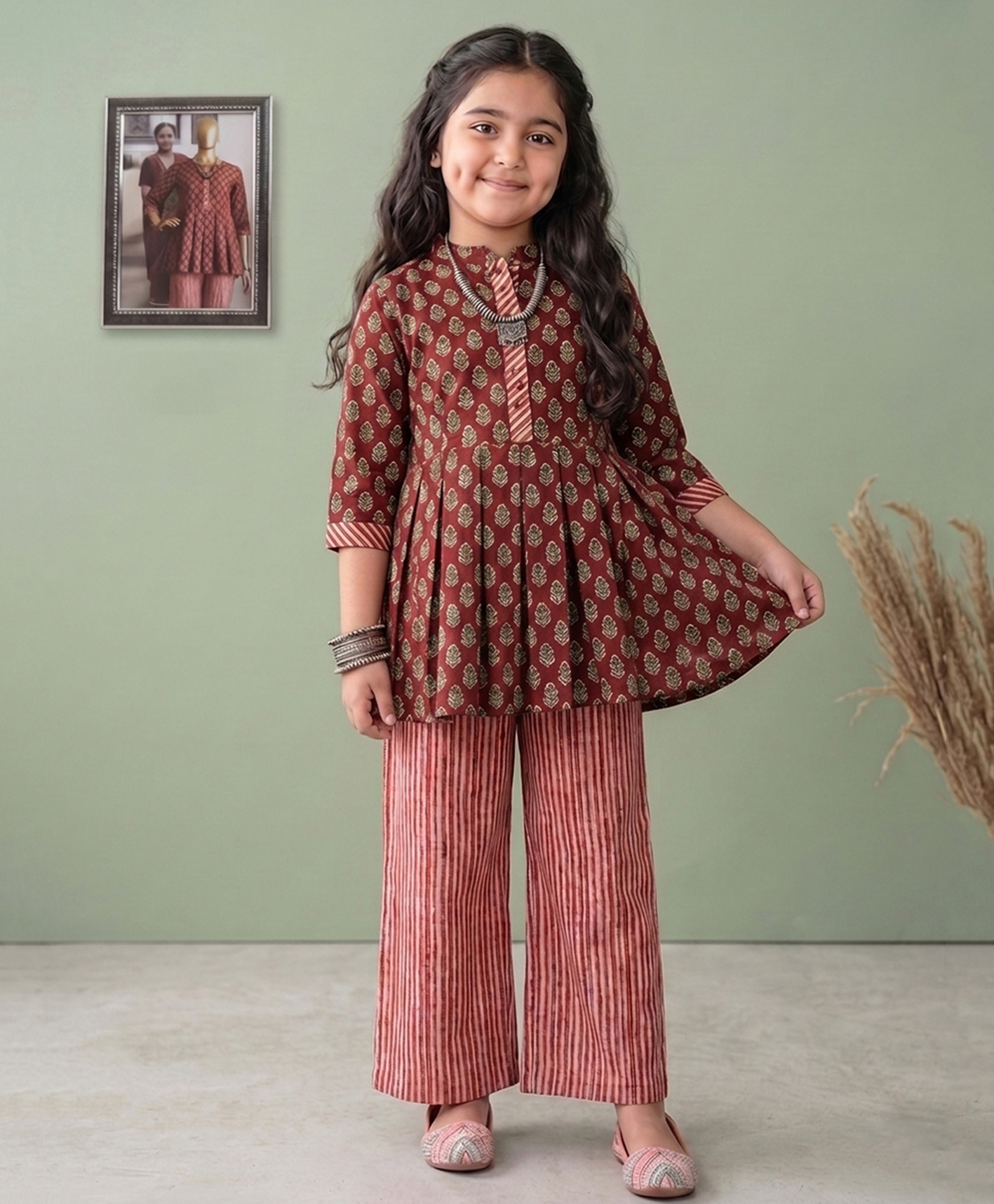 Kinder Kids Cotton Woven Three Fourth Sleeves Floral Printed Kurti & Pants Set - Brown-image-44