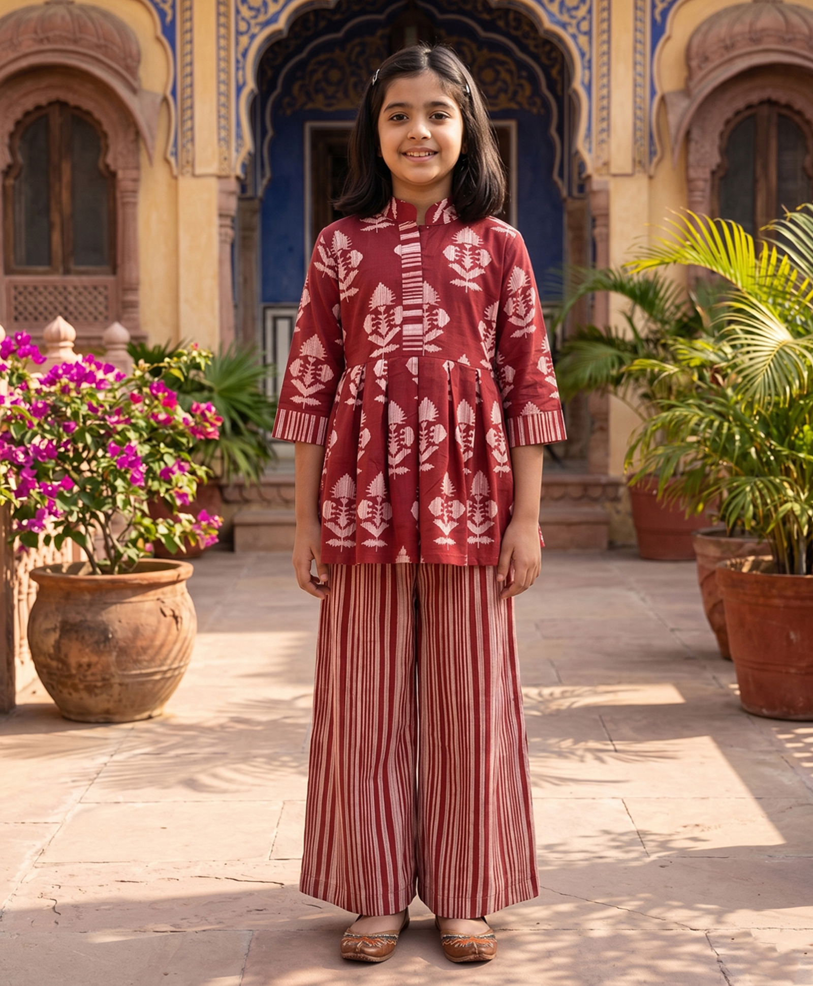 Kinder Kids Cotton Woven Three Fourth Sleeves Floral Printed Kurti & Pants Set - Red-image-41