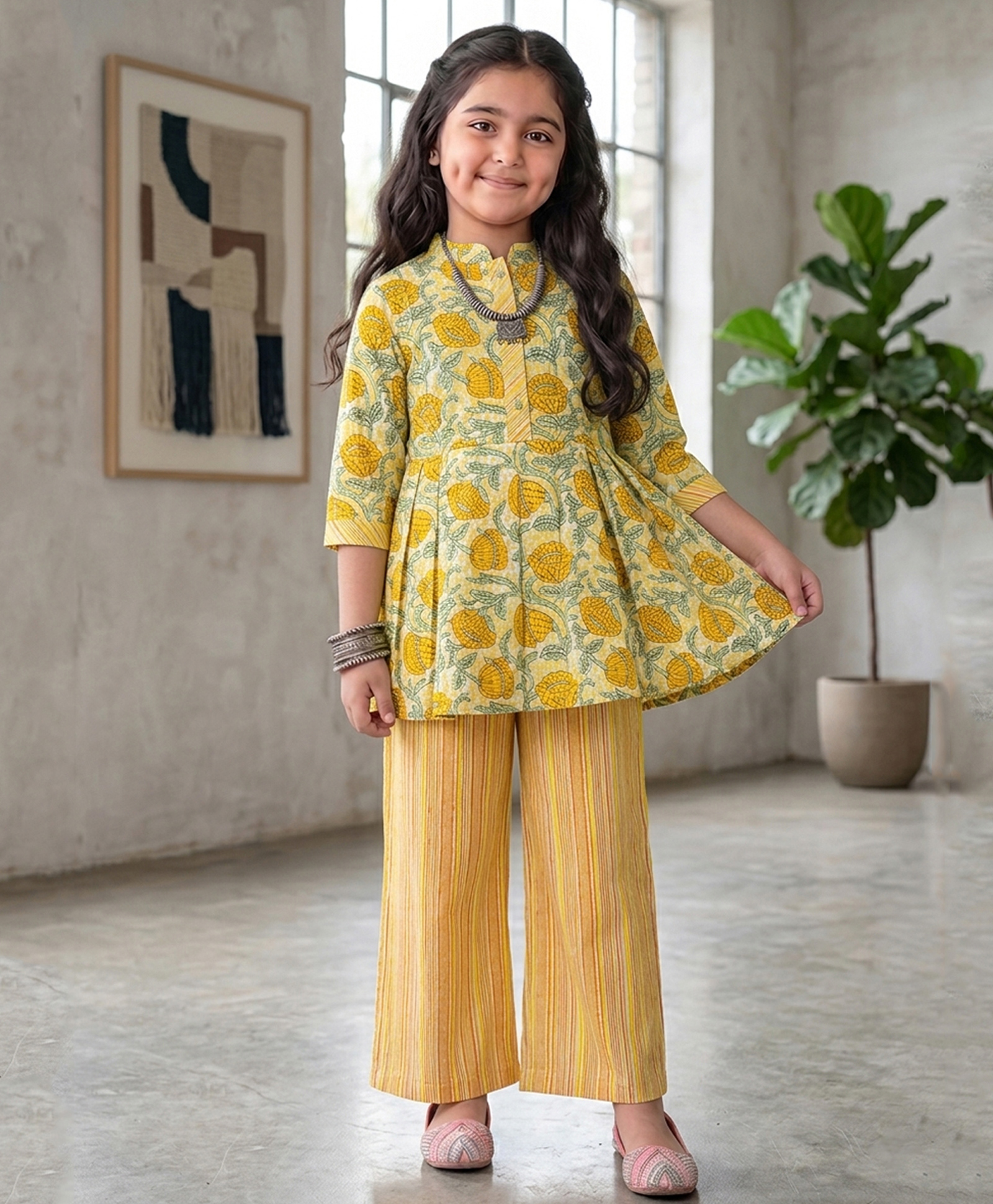 Kinder Kids Cotton Woven Three Fourth Sleeves Floral Printed Kurti & Pants Set - Yellow-image-49