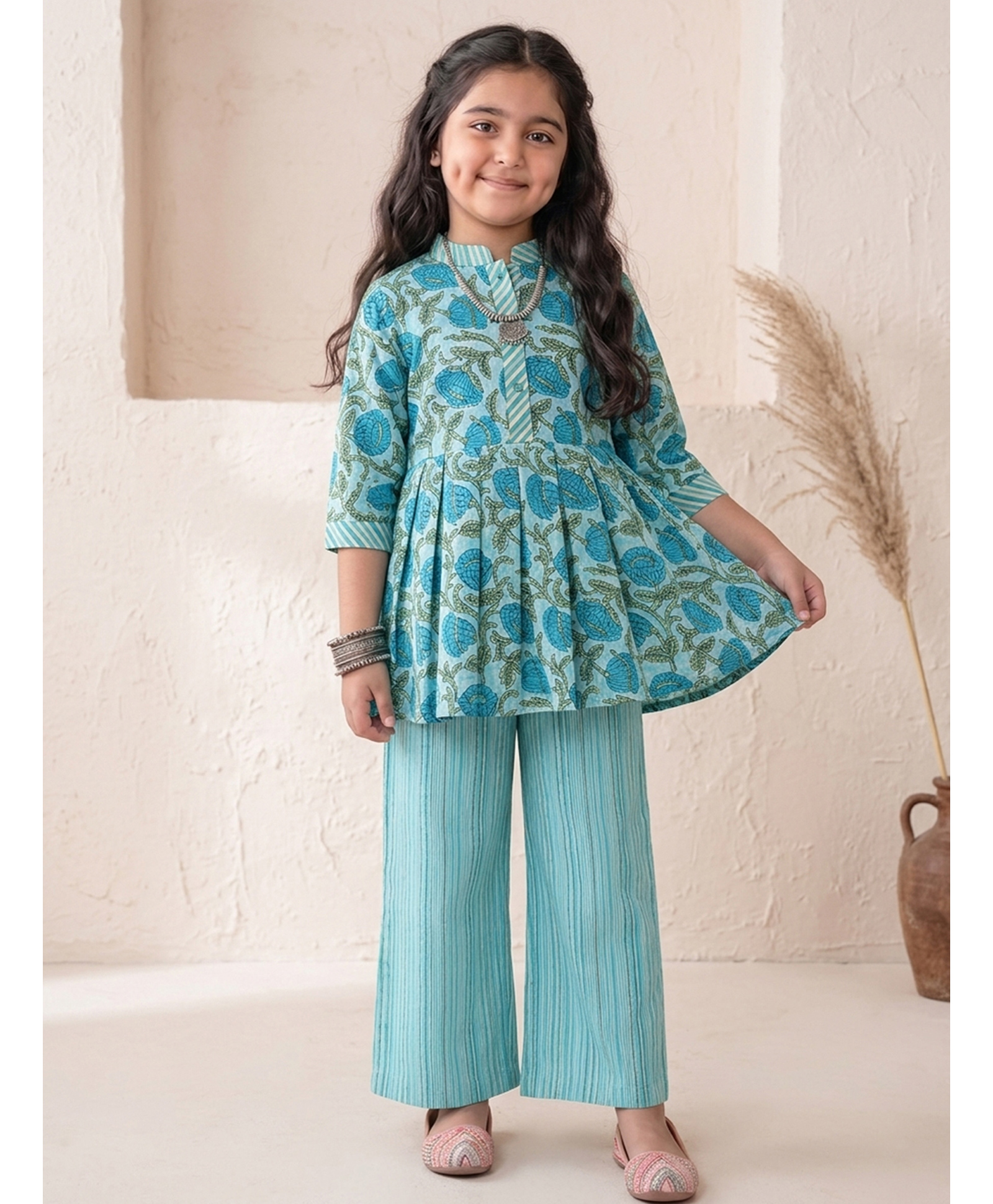 Kinder Kids Cotton Woven Three Fourth Sleeves Floral Printed Kurti & Pants Set - Blue-image-42