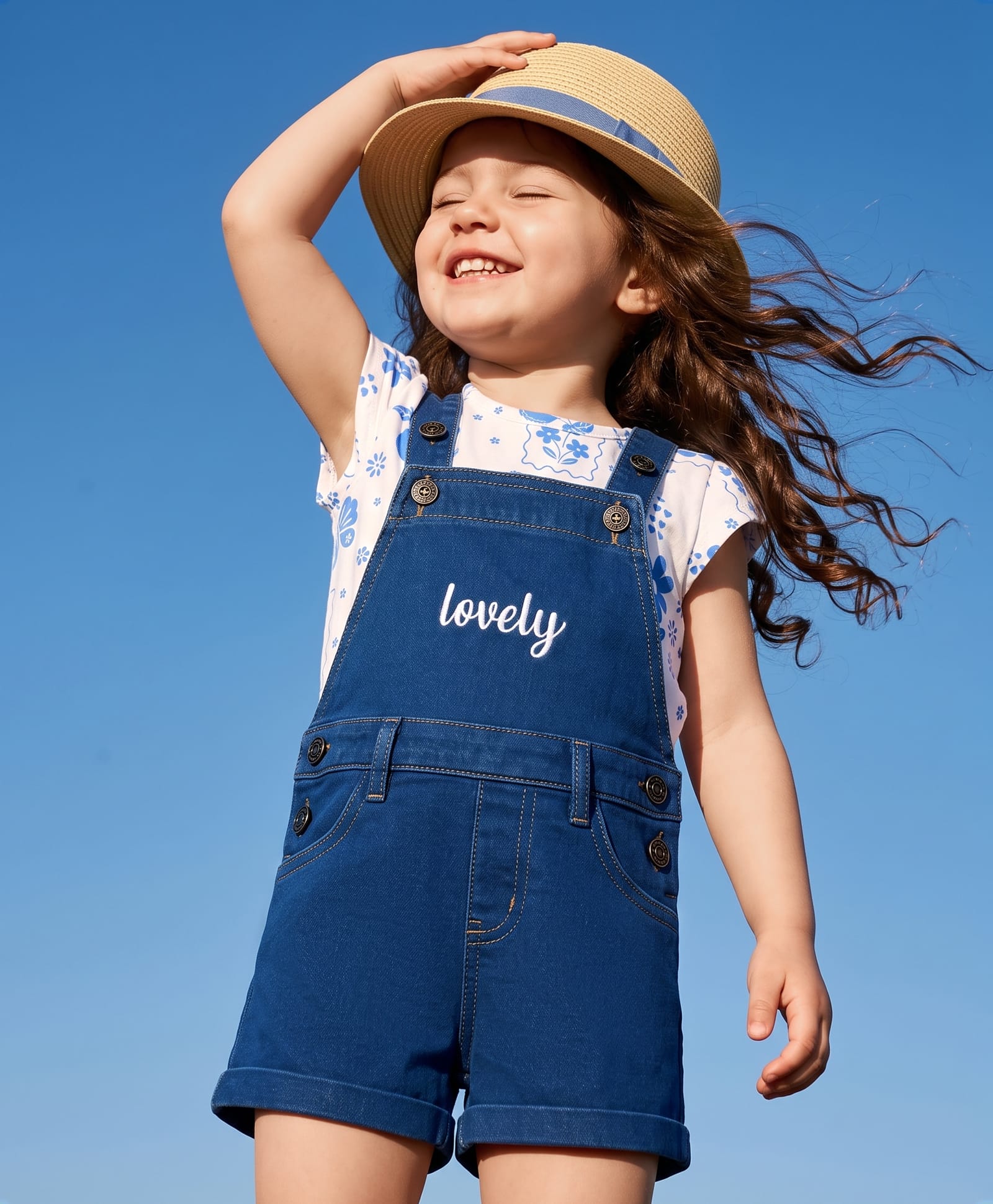 Babyhug Single Jersey Knit Cap Sleeves Tropical Theme Printed & Lovely Embroidered Dungaree Set - White & Navy Blue-image-10