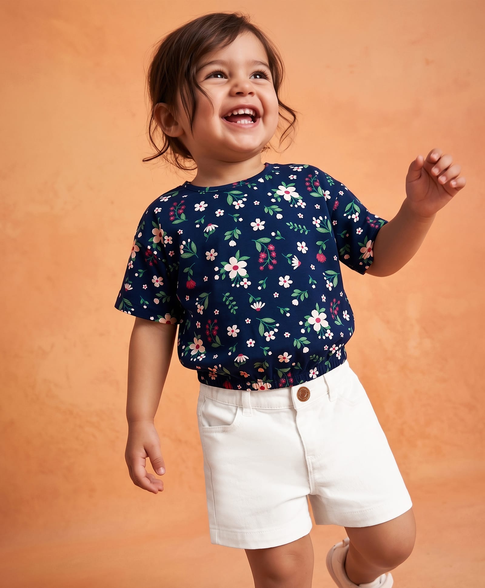 Babyhug Single Jersey Knit Half Sleeves Floral Printed Top & Denim Shorts Set - Navy Blue & White-picture-28