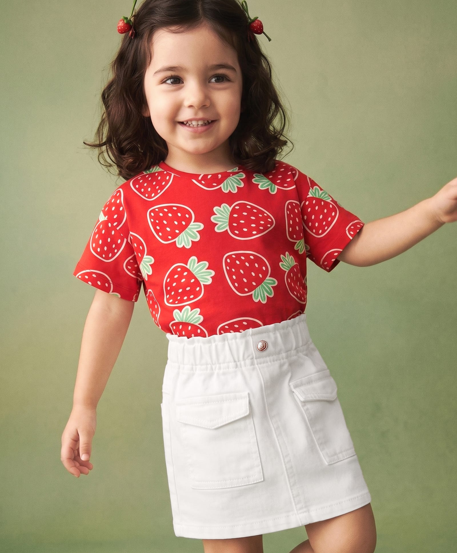 Babyhug Single Jersey Knit Half Sleeves Strawberry Printed Top & Skirt Set - Red & White-picture-26