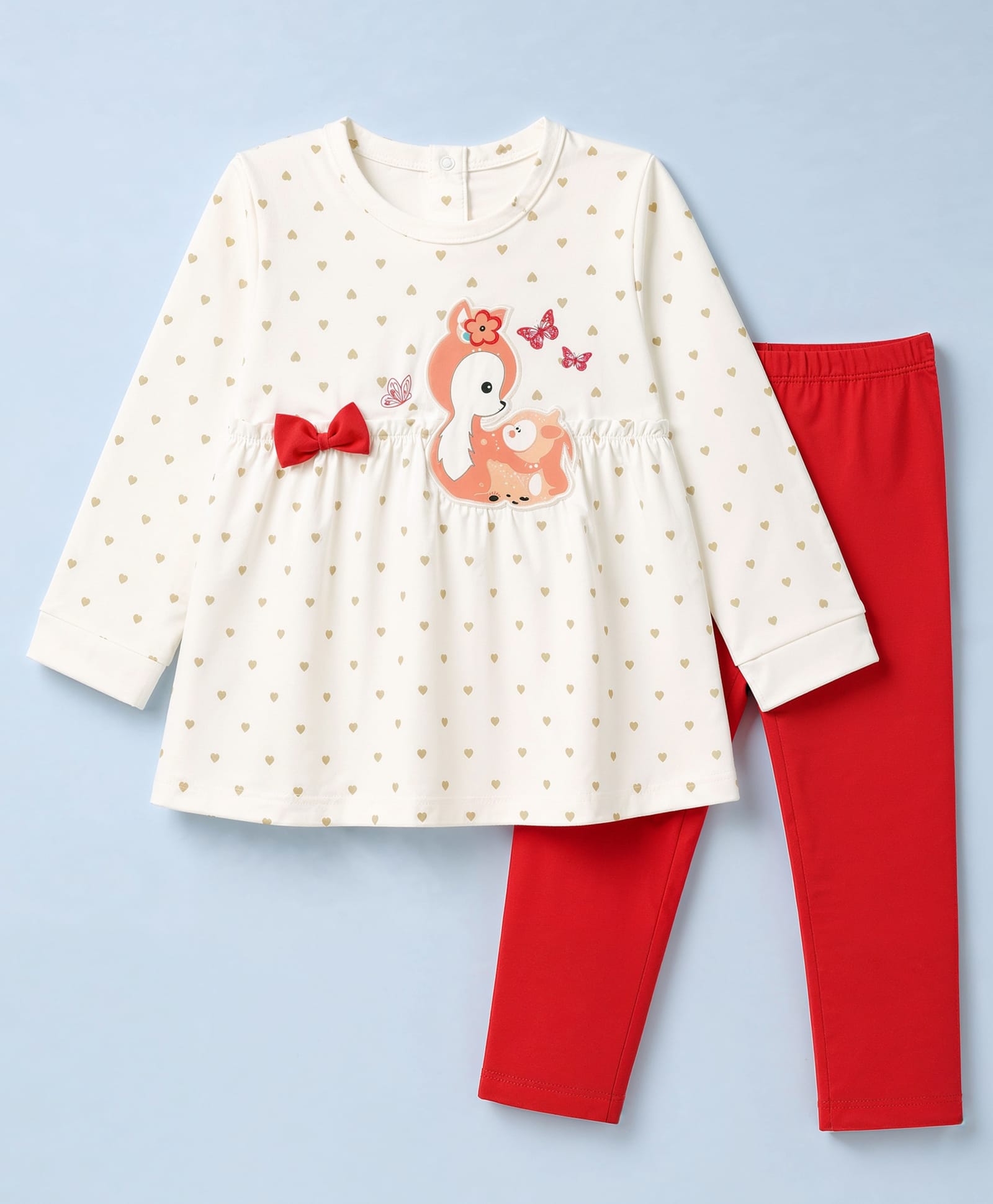Babyhug Single Jersey Knit Full Sleeves Top & Leggings With Hearts Print & Bow Applique - White & Red-picture-23