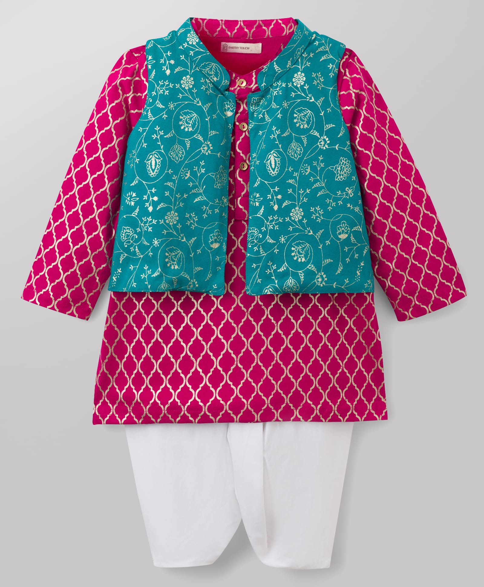EARTHY TOUCH Cotton Jersey Knit Full Sleeves Kurta Dhoti Set With Floral Printed Nehru Jacket - Dark Pink-image-19
