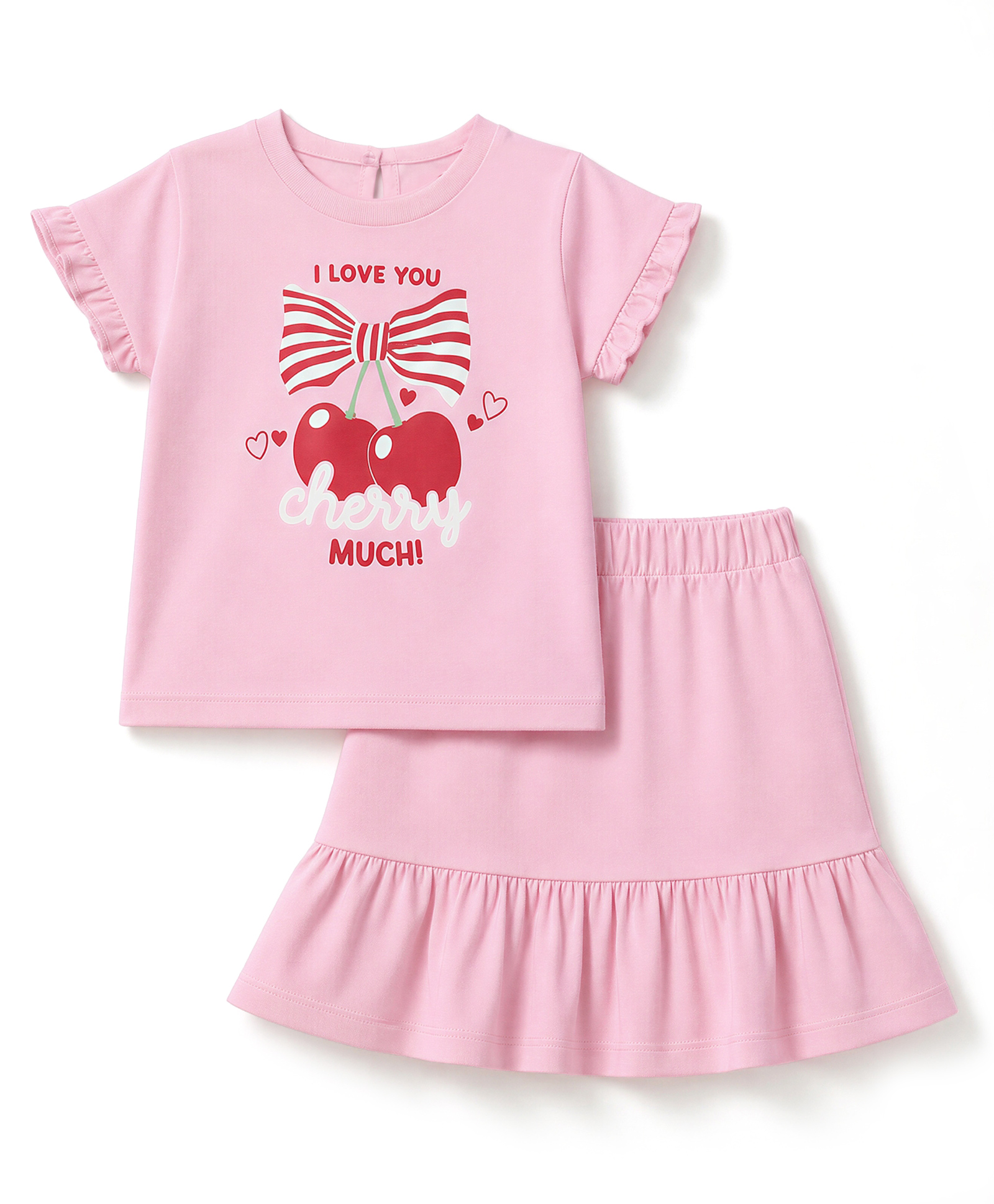 Honeyhap Premium 100% Cotton Knit Half Sleeves Cherry Printed Top and Skirt Set with Bio Finish - Pink-picture-44