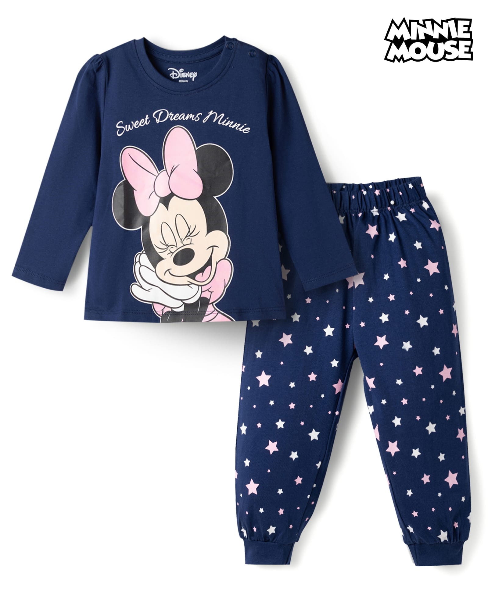 Babyhug Disney Single Jersey Knit Full Sleeves T-shirt & Pyjama Night Suit With Minnie Mouse Graphic & Star Print -Navy Blue-image-20