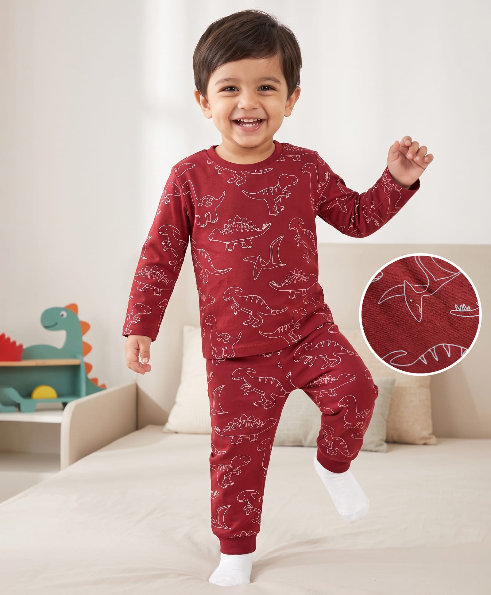 Babyhug Cotton Knit Full Sleeves Co-Ords T-Shirt & Pajama Night Suit With Dino Print -Maroon-image-35