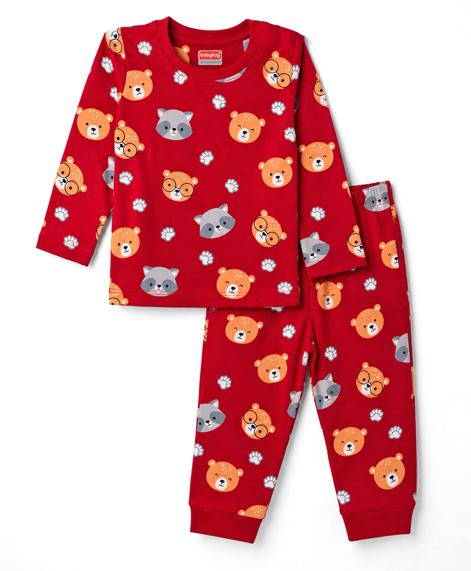 Babyhug Cotton Knit Full Sleeves Bear Printed Co-Ords T-Shirt & Pyjama Night Suit - Maroon-image-18