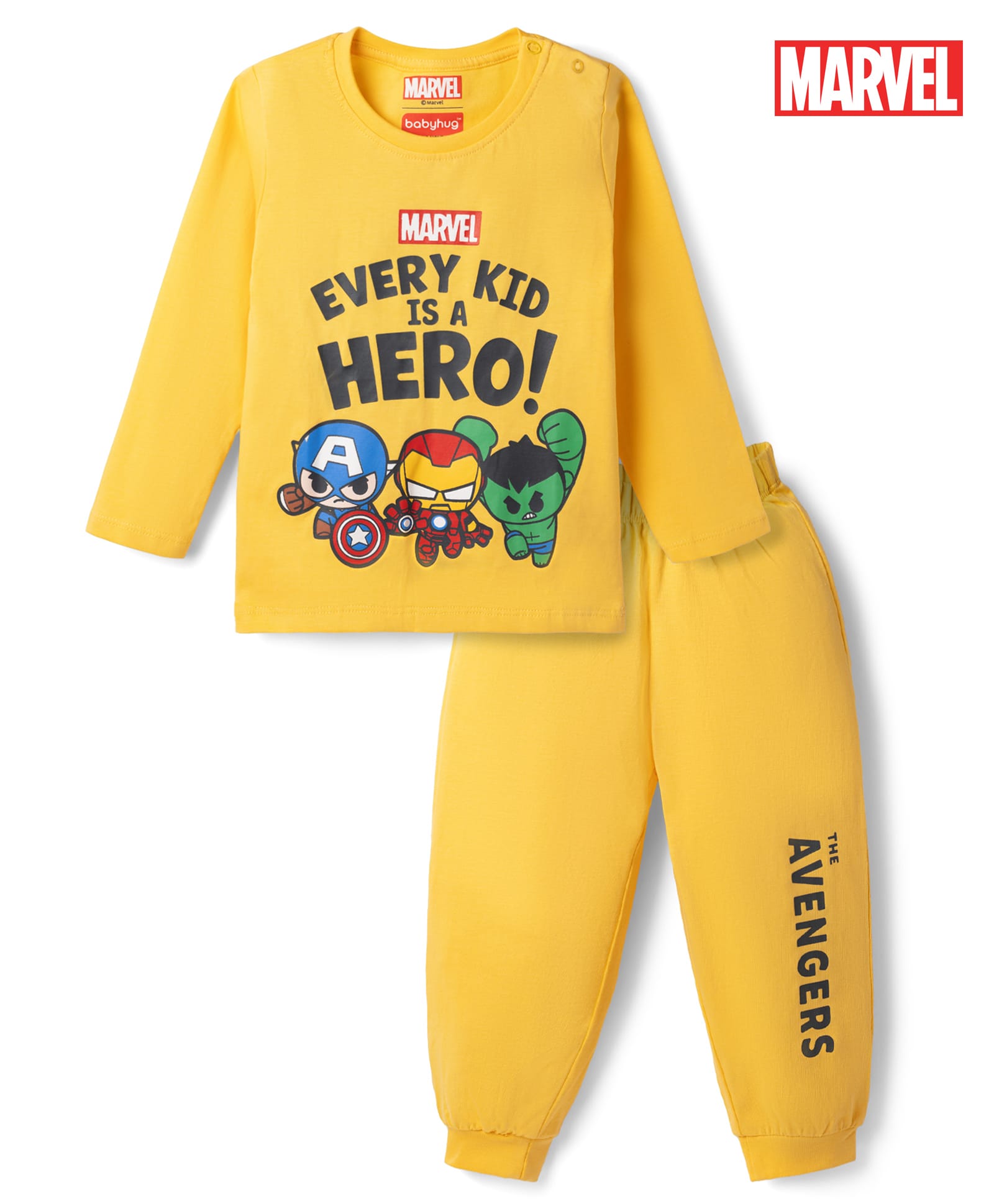 Babyhug Marvel Single Jersey Knit Full Sleeve T-shirt & Pyjama Night Suit With Avengers Graphic & Text Print - Yellow-picture-36
