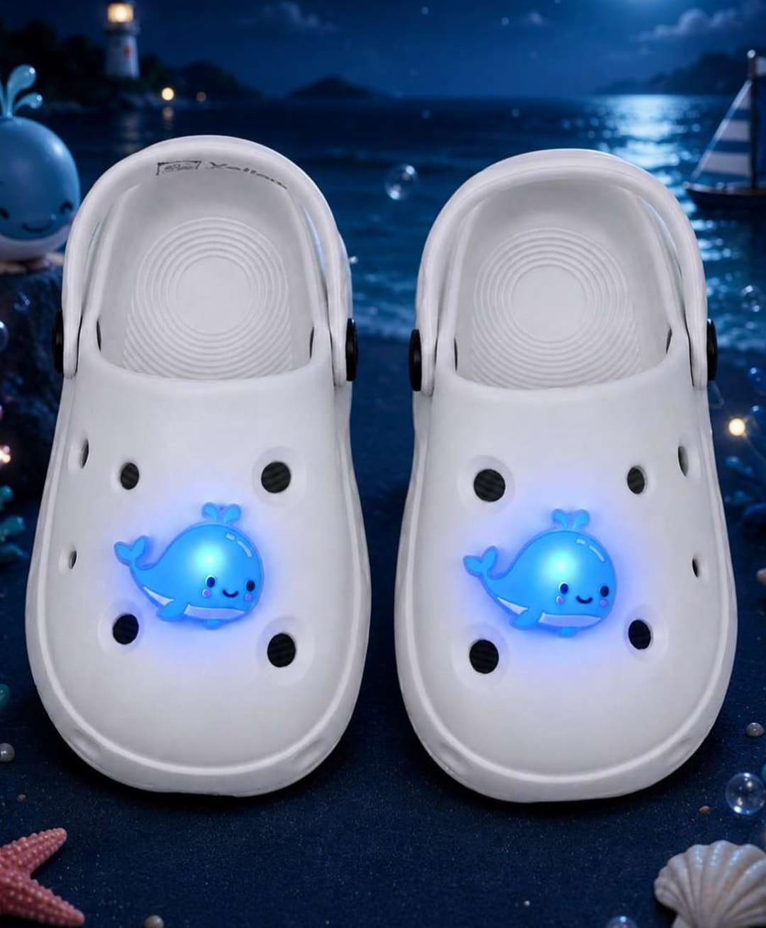 Yellow Bee Whale LED Applique Detailed Perforated Clogs - White-picture-27