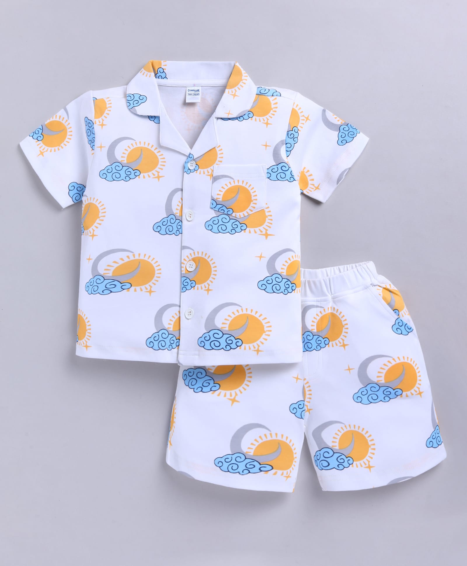 DOLLAR Cotton Blend Knit Half Sleeves Clouds & Sun Printed Coordinating Shirt & Shorts Night Suit - White-image-11