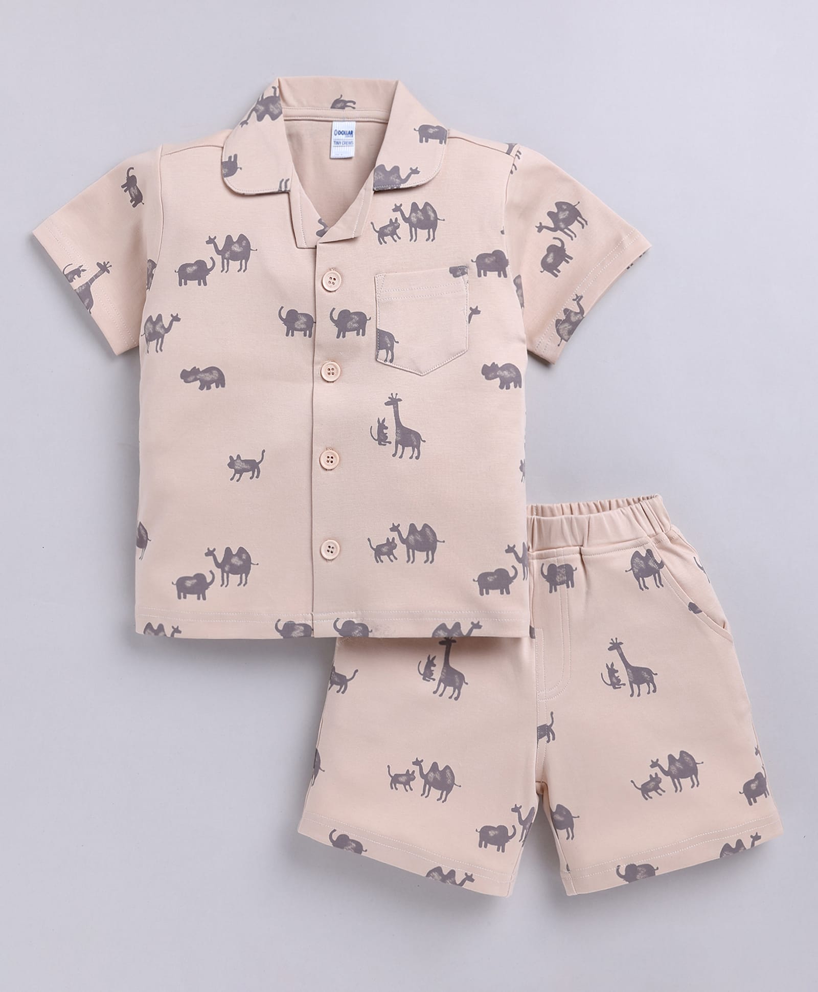 DOLLAR Cotton Blend Knit Half Sleeves Animals Printed Coordinating Shirt & Shorts Night Suit - Beige-image-37