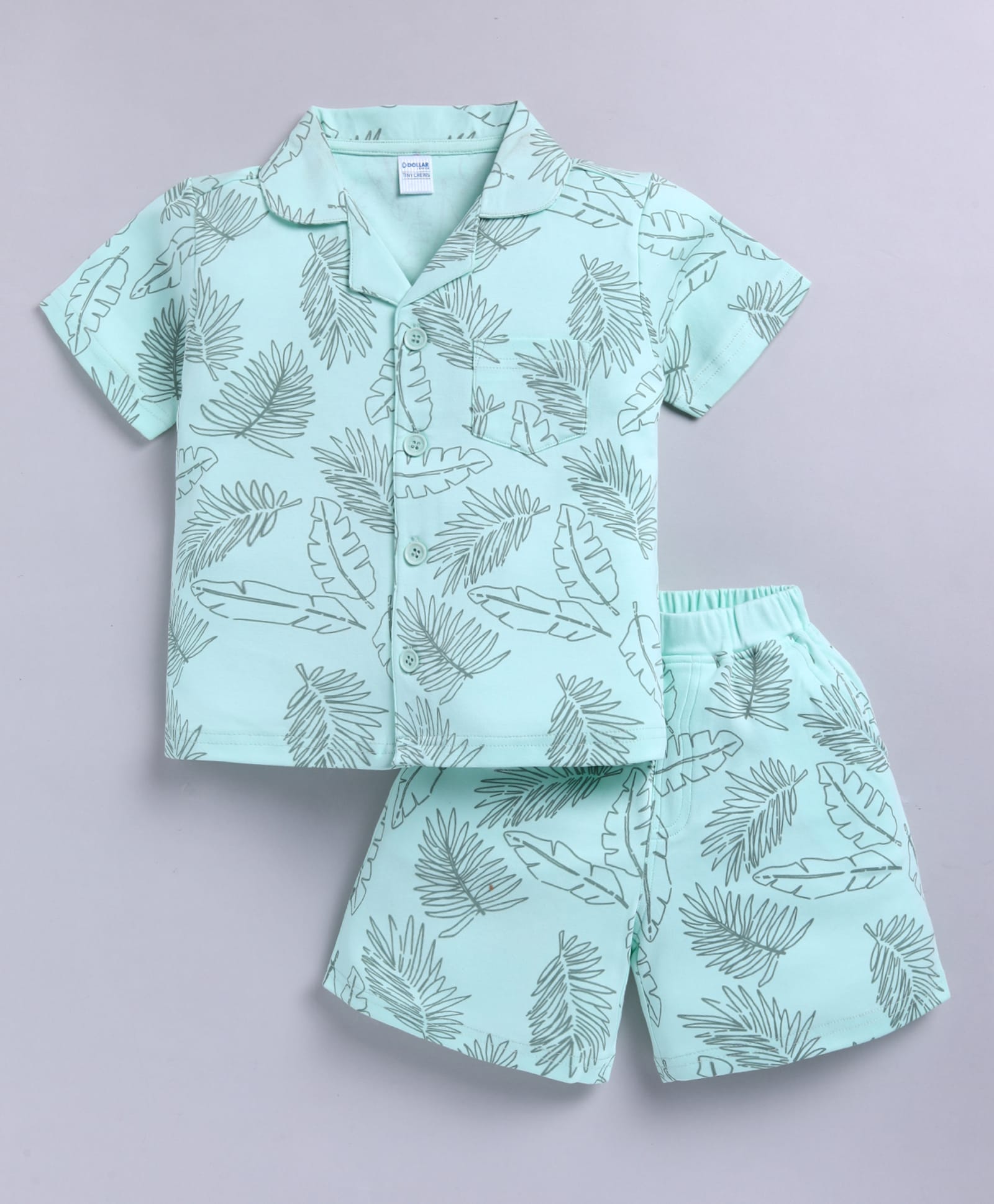DOLLAR Cotton Blend Knit Half Sleeves Leaves Printed Coordinating Shirt & Shorts Night Suit - Light Green-image-6