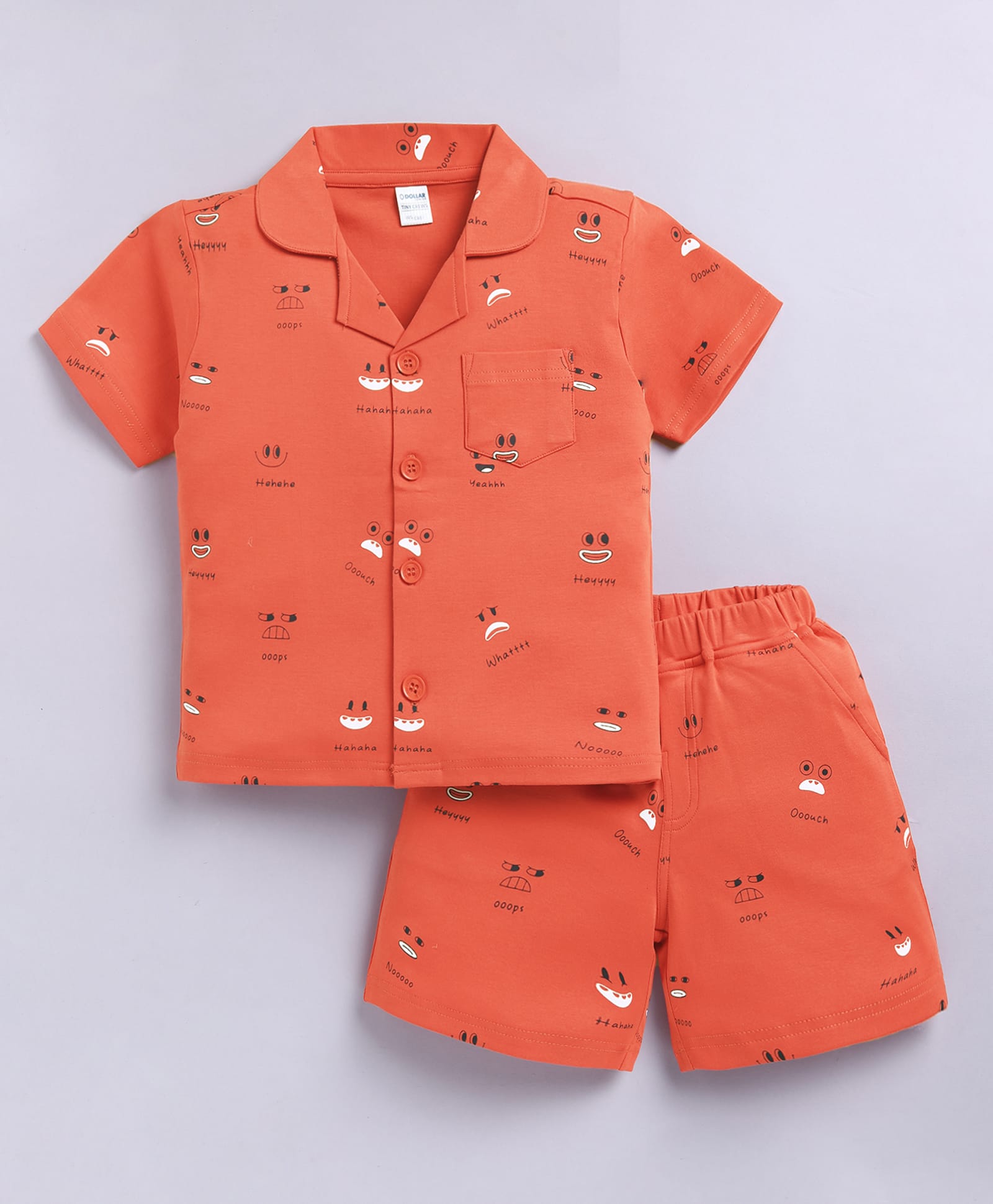 DOLLAR Cotton Blend Knit Half Sleeves Facial Expressions Printed Coordinating Shirt & Shorts Night Suit - Rust-image-41