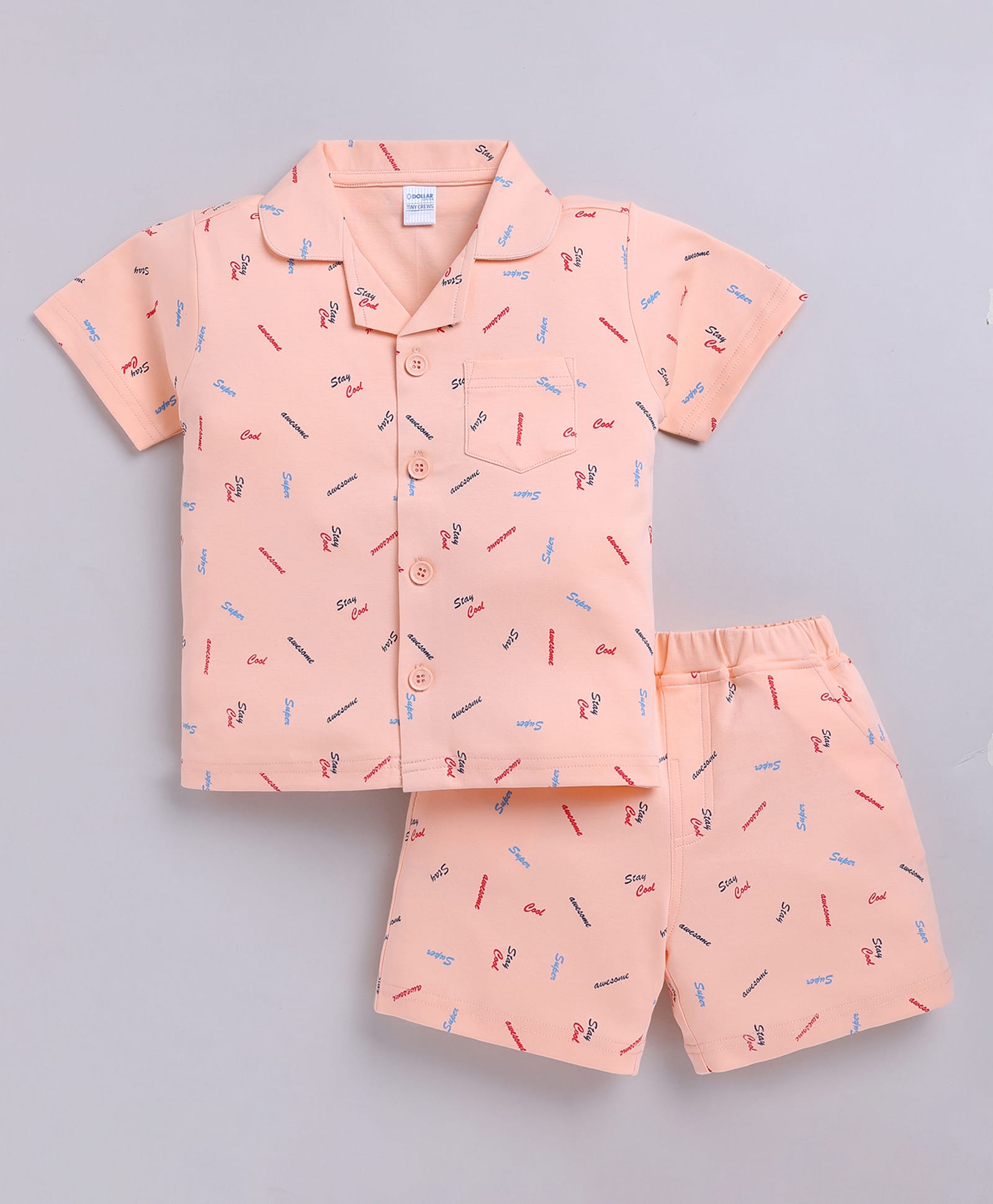 DOLLAR Cotton Blend Knit Half Sleeves Typography Printed Coordinating Shirt & Shorts Night Suit - Peach-image-47