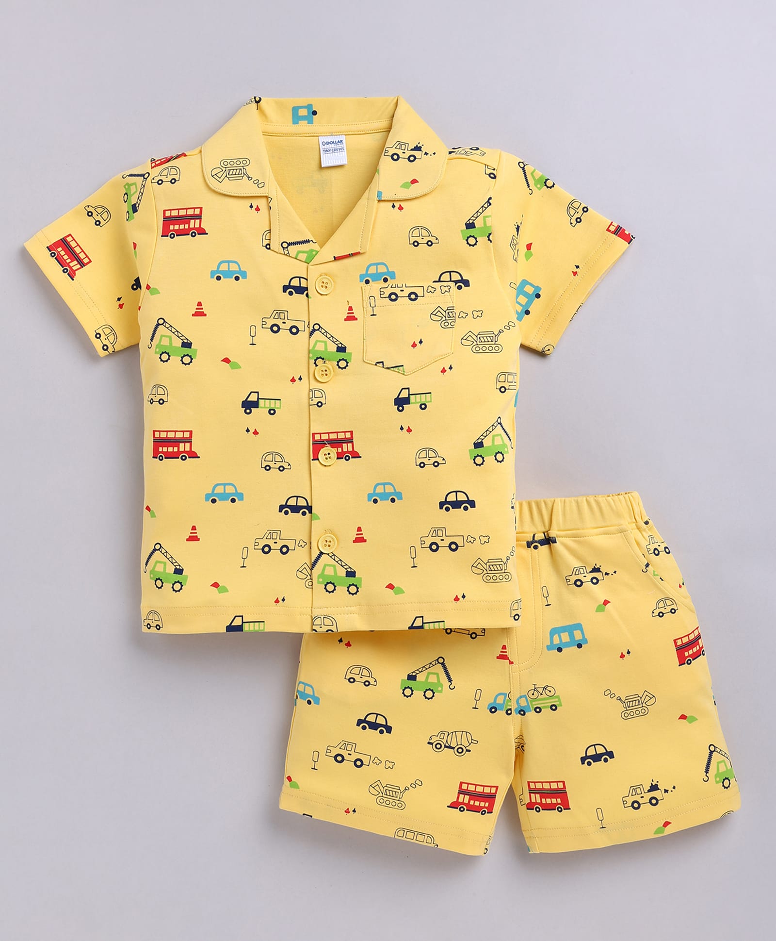 DOLLAR Cotton Blend Knit Half Sleeves Vehicles Printed Coordinating Shirt & Shorts Night Suit - Yellow-image-48