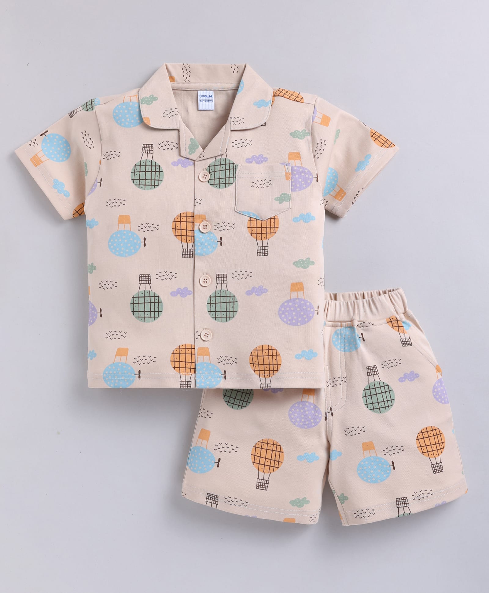 DOLLAR Cotton Blend Knit Half Sleeves Hot Air Balloon Printed Coordinating Shirt & Shorts Night Suit - Beige-image-49