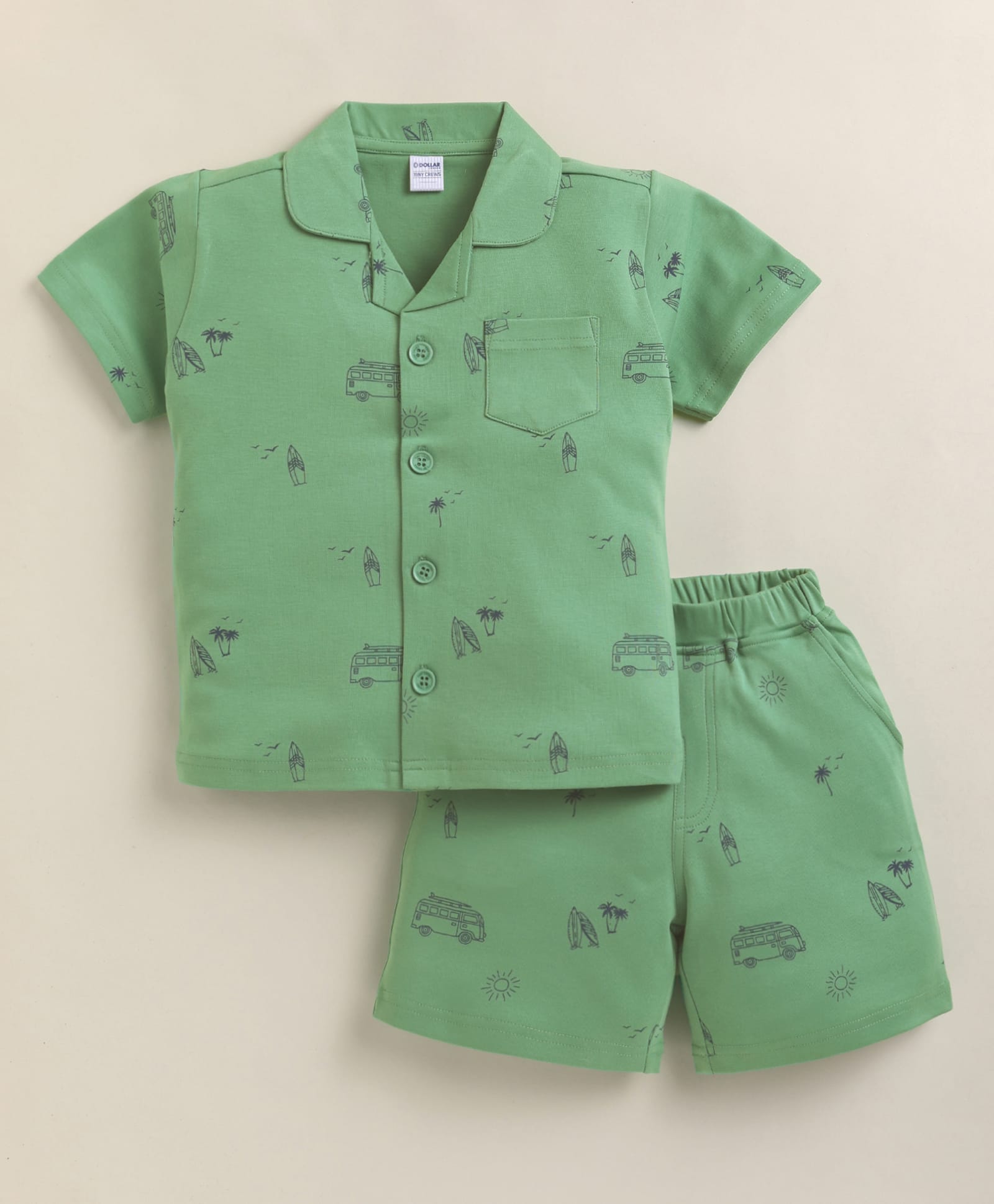 DOLLAR Cotton Blend Knit Half Sleeves Beach Theme Printed Coordinating Shirt & Shorts Night Suit - Lime Green-picture-13