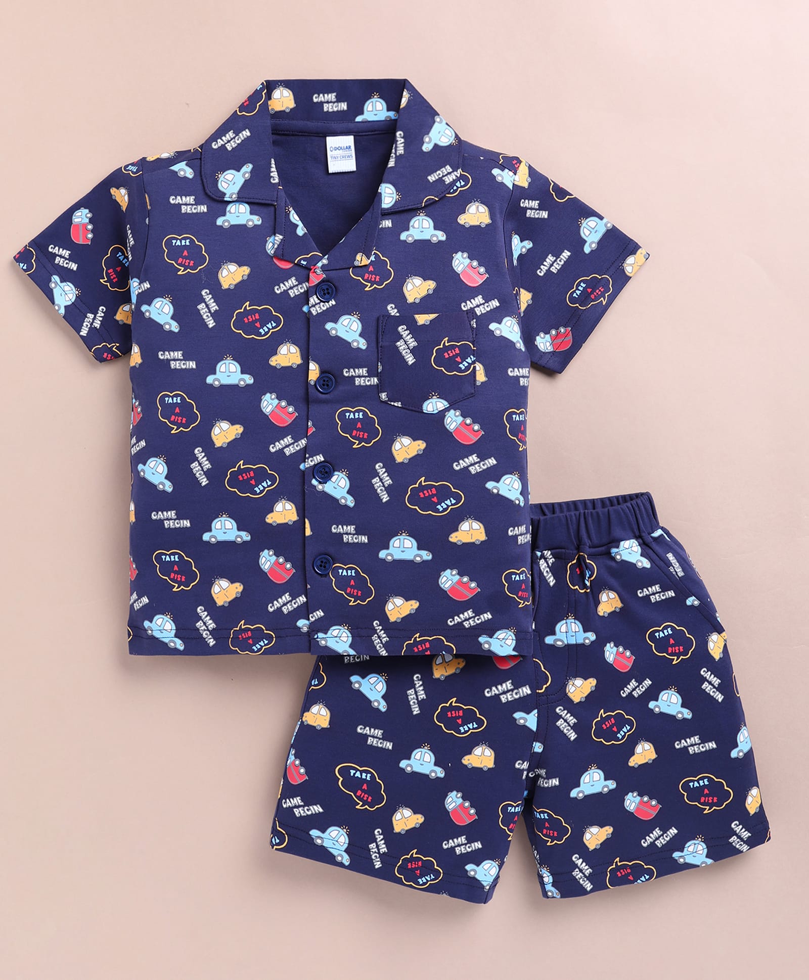 DOLLAR Cotton Blend Knit Half Sleeves Typography & Cars Printed Coordinating Shirt & Shorts Night Suit - Navy Blue-picture-13