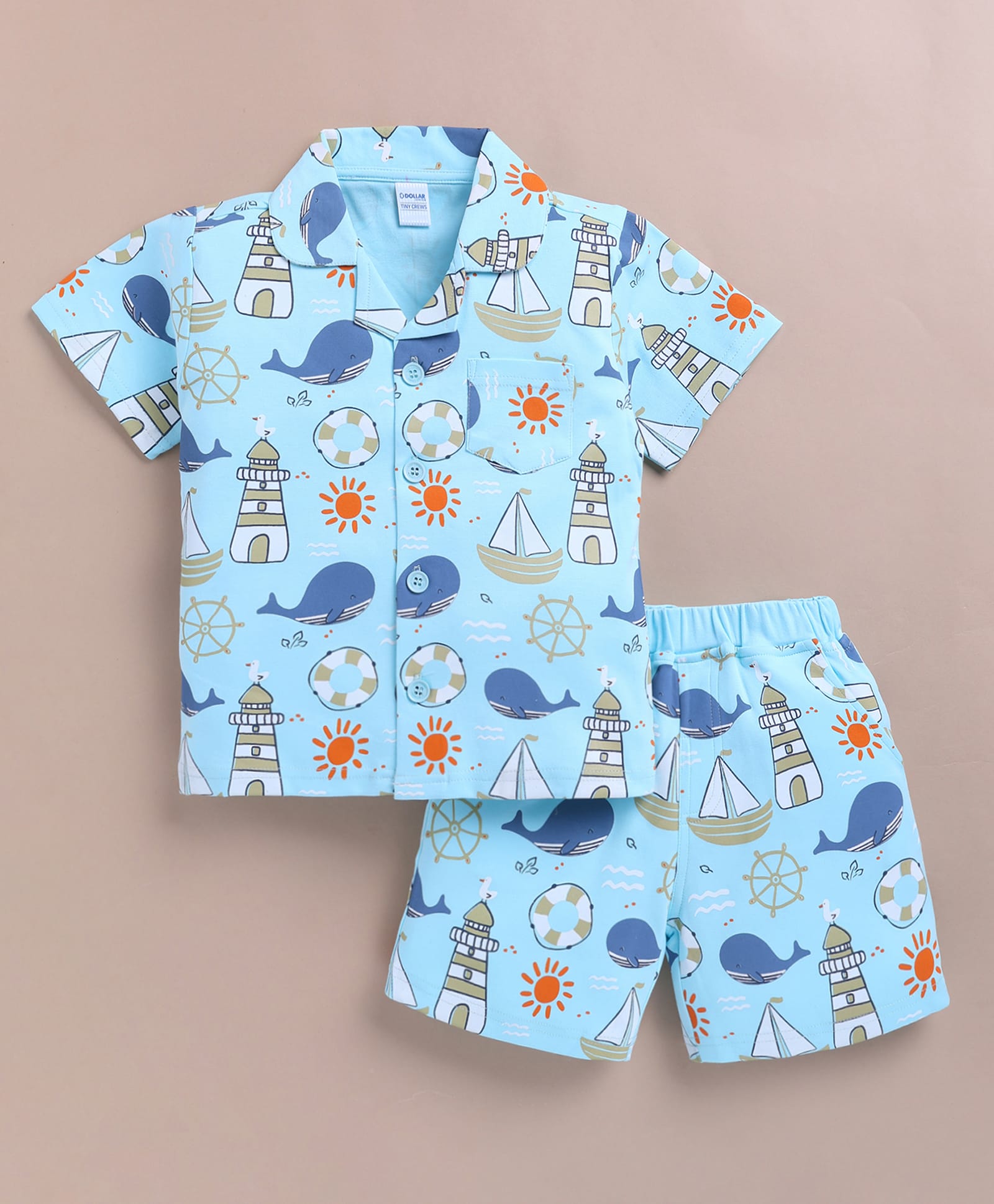 DOLLAR Cotton Blend Knit Half Sleeves Sea Life Printed Coordinating Shirt & Shorts Night Suit - Sea Blue-image-48