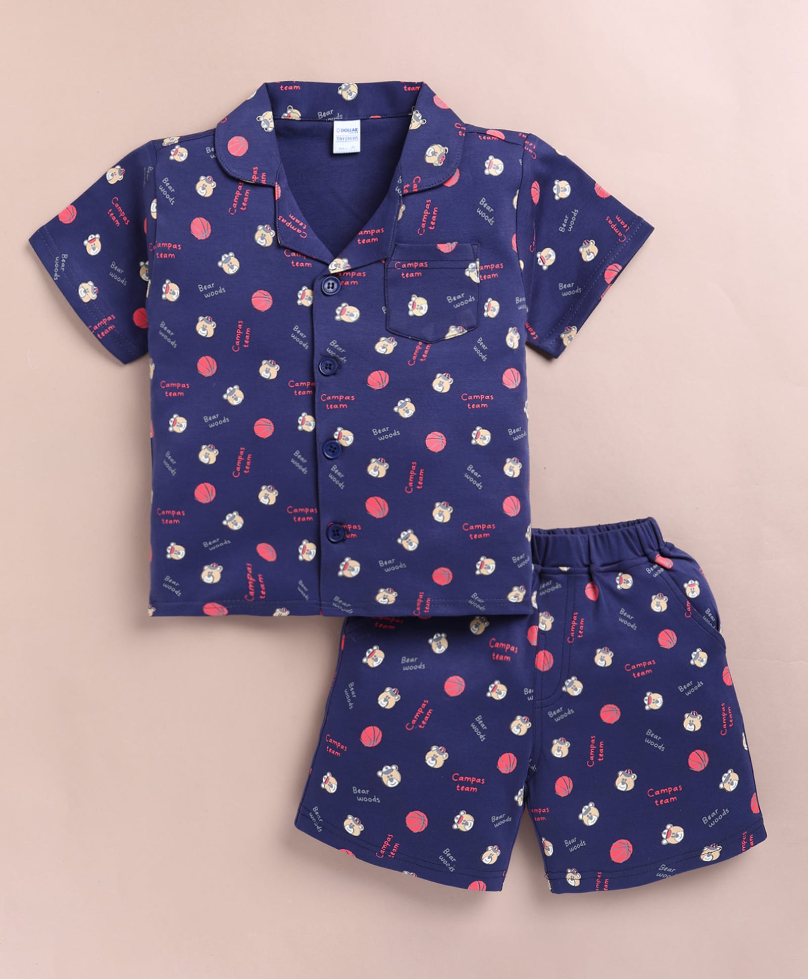 DOLLAR Cotton Blend Knit Half Sleeves Teddy Bear Printed Coordinating Shirt & Shorts Night Suit - Navy Blue-image-48