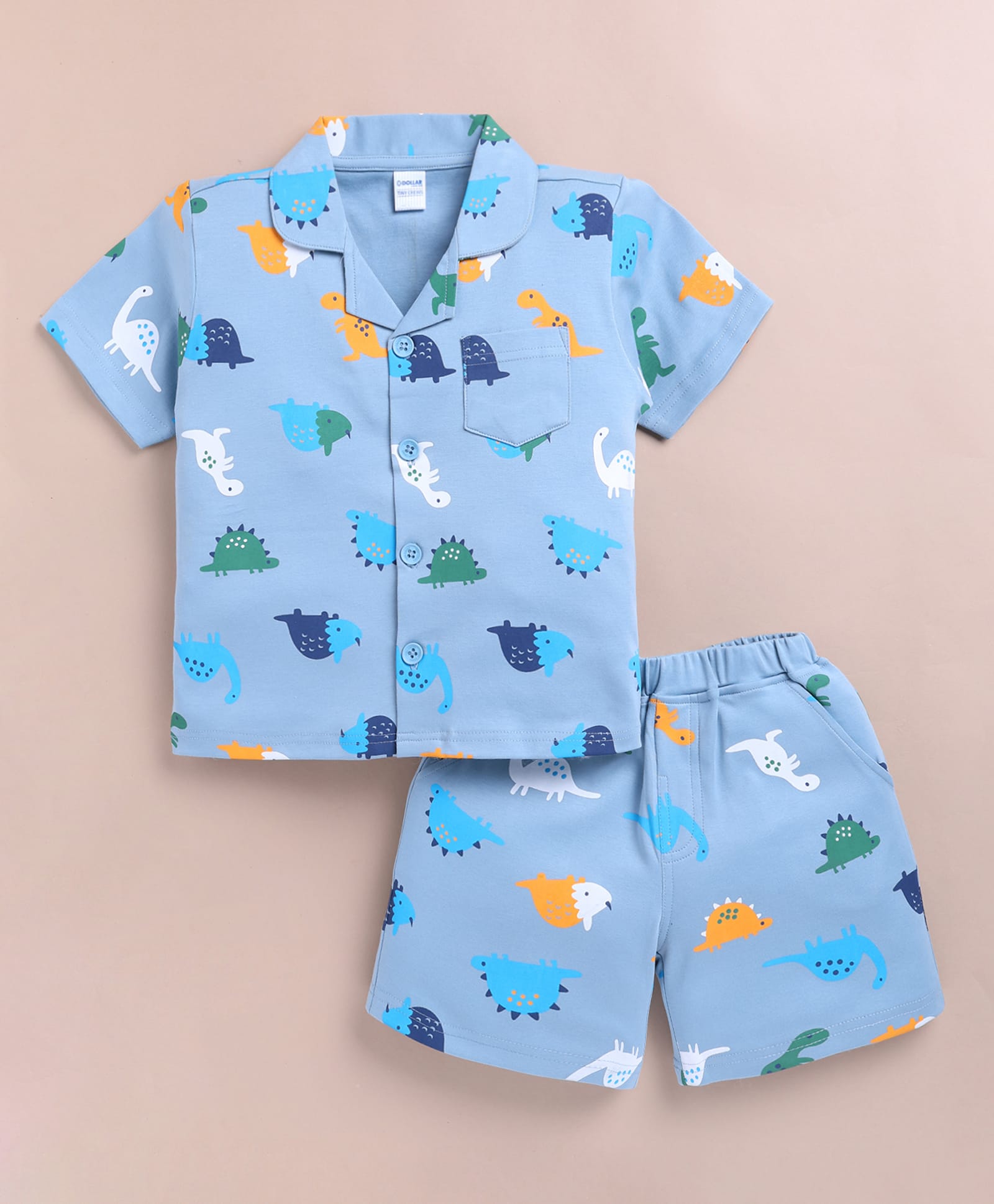 DOLLAR Cotton Blend Knit Half Sleeves Dinosaur Printed Coordinating Shirt & Shorts Night Suit - Sea Blue-image-39