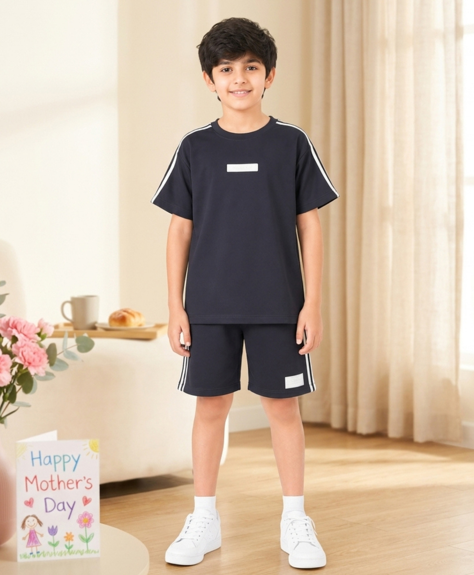 Anthrilo Cotton Blend Knit Half Sleeves Side Taped Oversized Tee & Shorts Set - Black-picture-23