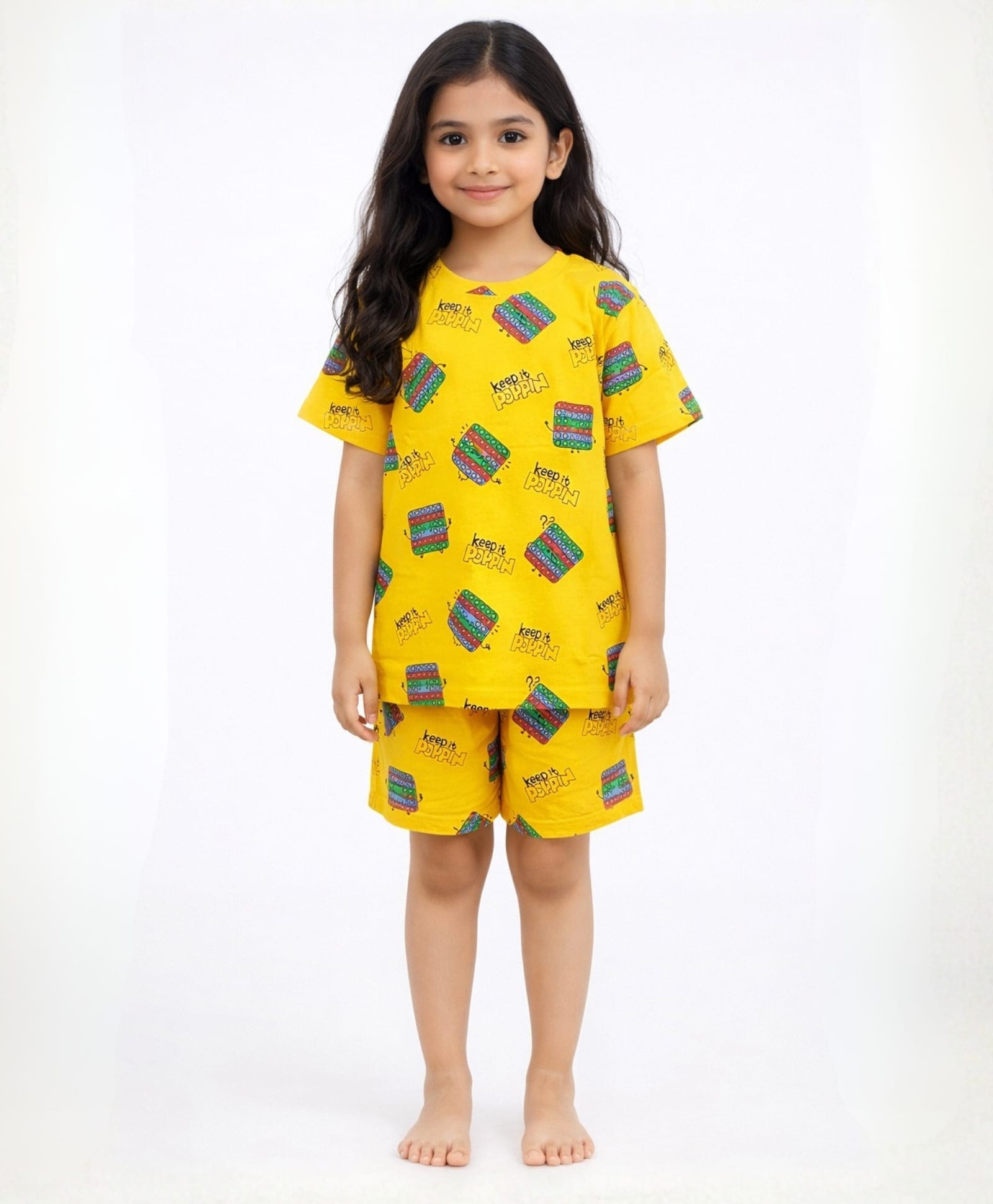 Anthrilo 100% Pure Cotton Knit Half Sleeves Keep It Poppin Text Printed Coordinating Tee & Shorts Night Suit - Yellow-image-49