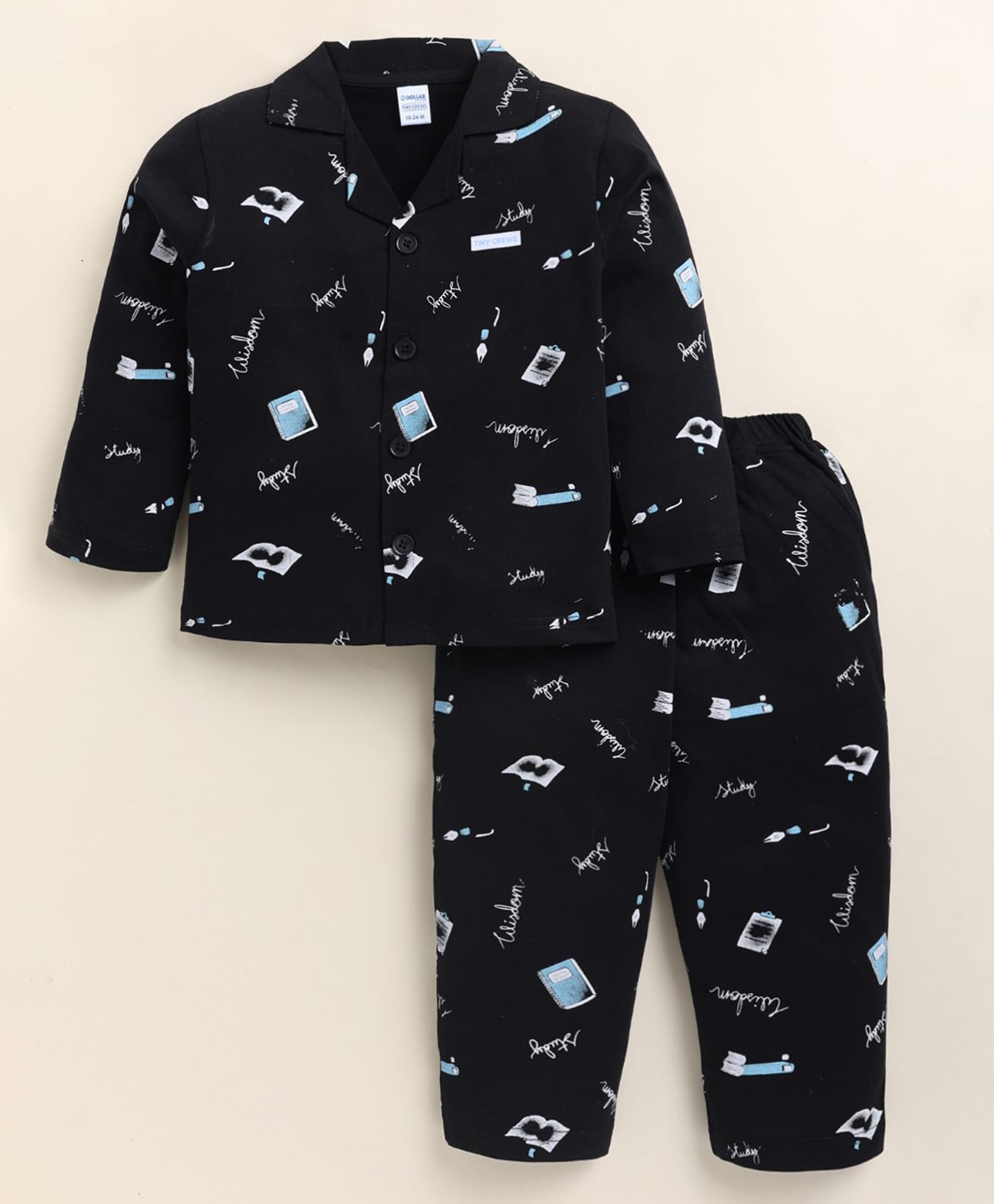 DOLLAR Cotton Blend Knit Full Sleeves Typography & Book Printed Coordinating Shirt & Pajama Night Suit - Black-image-20