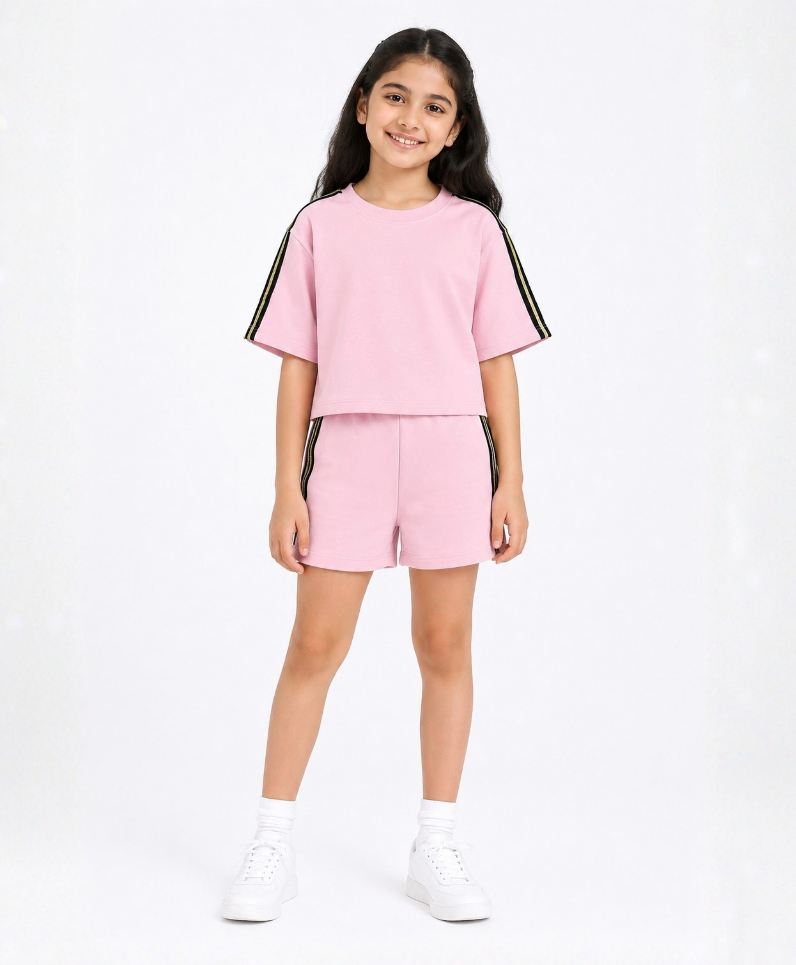 Anthrilo Cotton Blend Knit Half Sleeves Side Taped Oversized Tee & Shorts Set - Pink-picture-32