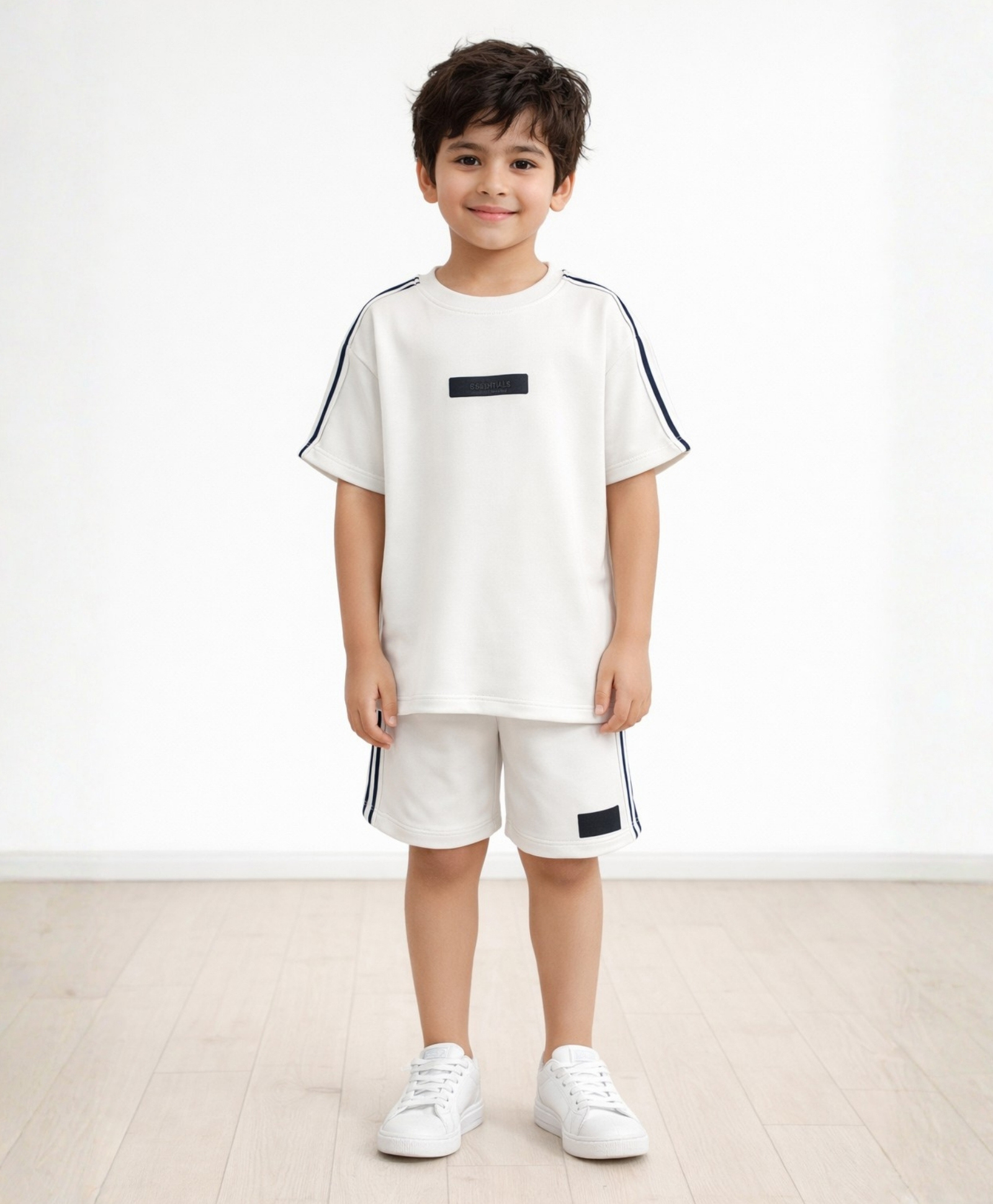 Anthrilo Cotton Blend Knit Half Sleeves Essentials Text Patch Detailed Side Taped Oversized Tee & Shorts Set - Off White-image-30