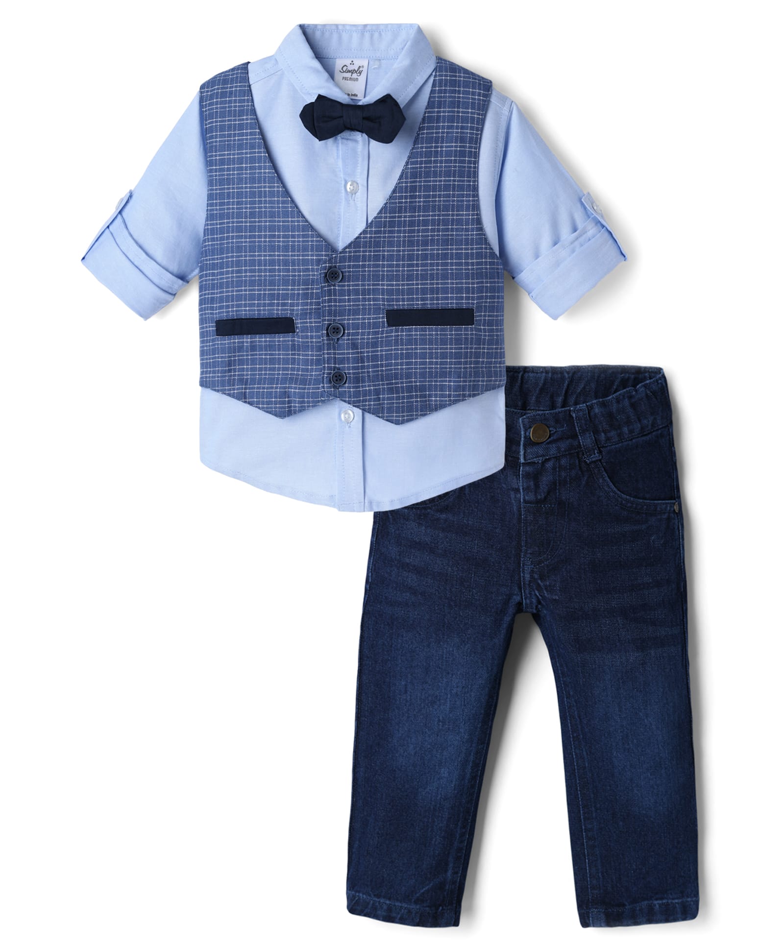 Simply Premium Twill Woven Full Sleeves Checked Party Suit with Bow - Blue-picture-22