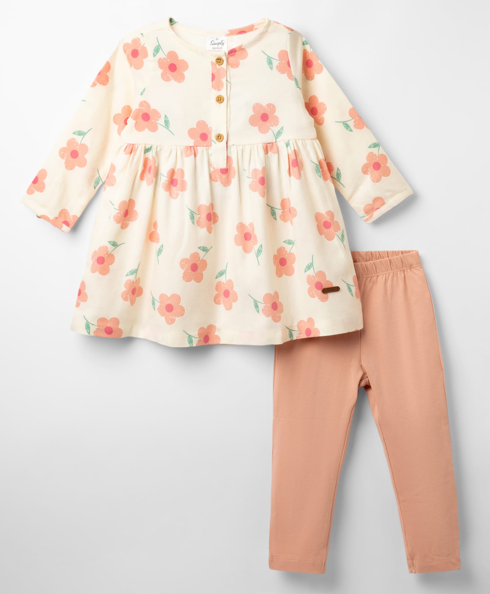 Simply Premium Twill Woven Knit Full Sleeves Floral Printed Frock with Legging - Peach-picture-21