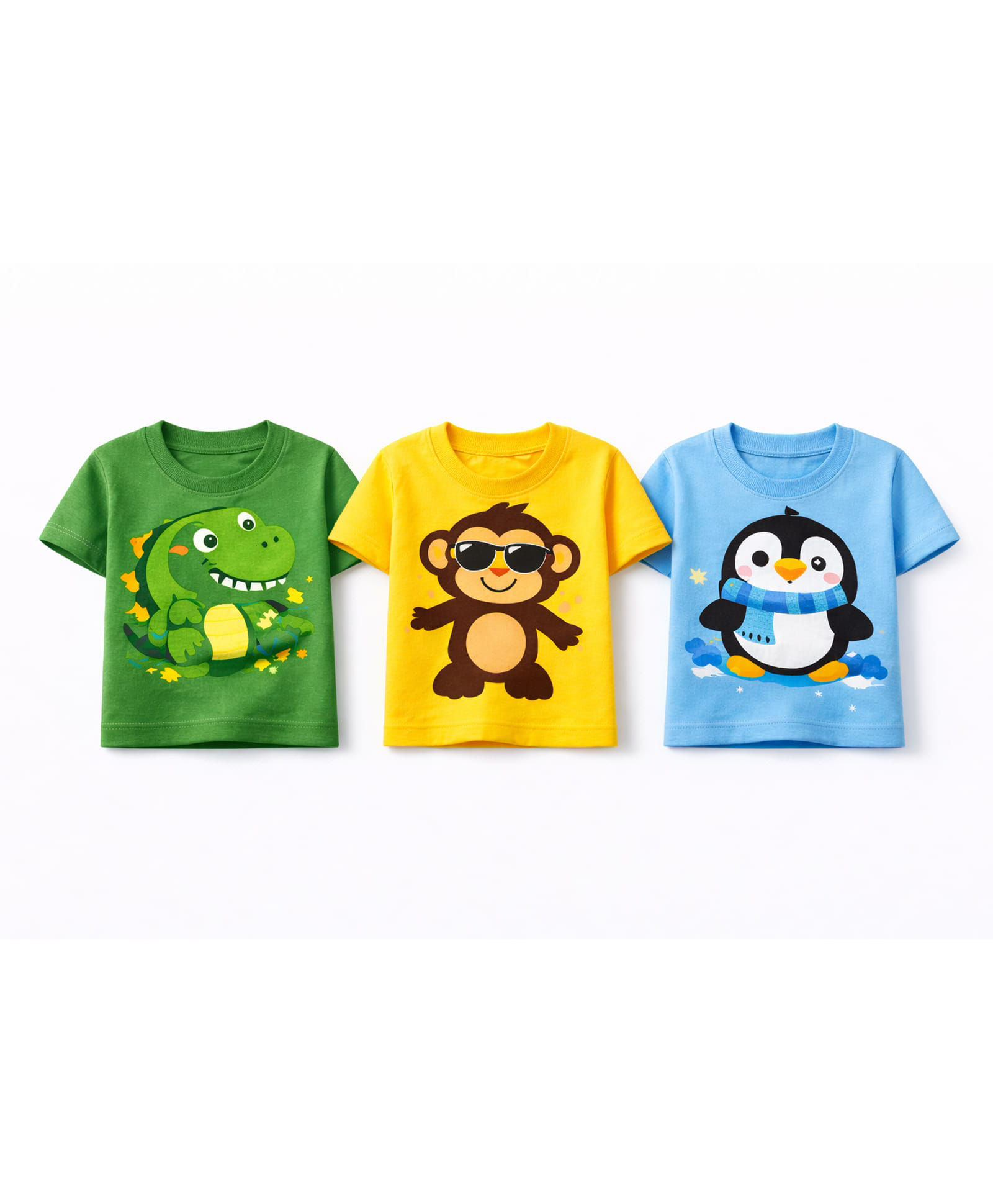 MIMISKU Cotton Blend Knit Pack Of 3 Half Sleeves Dinosaur Monkey & Penguin Printed Tees - Green Yellow & Blue-image-39