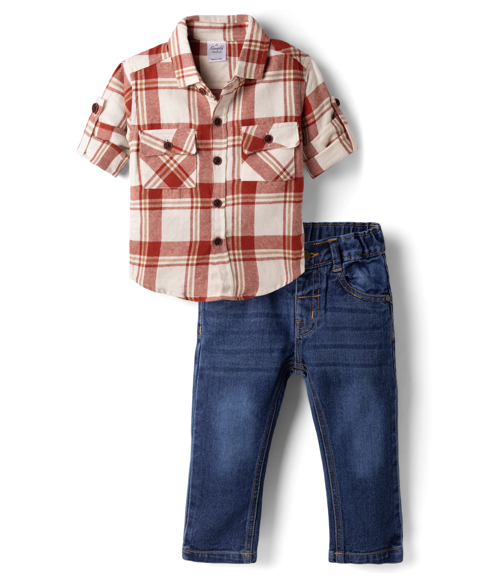Simply Premium Twill Woven Full Sleeves Checked Shirt and Jeans Set - Rust-picture-47