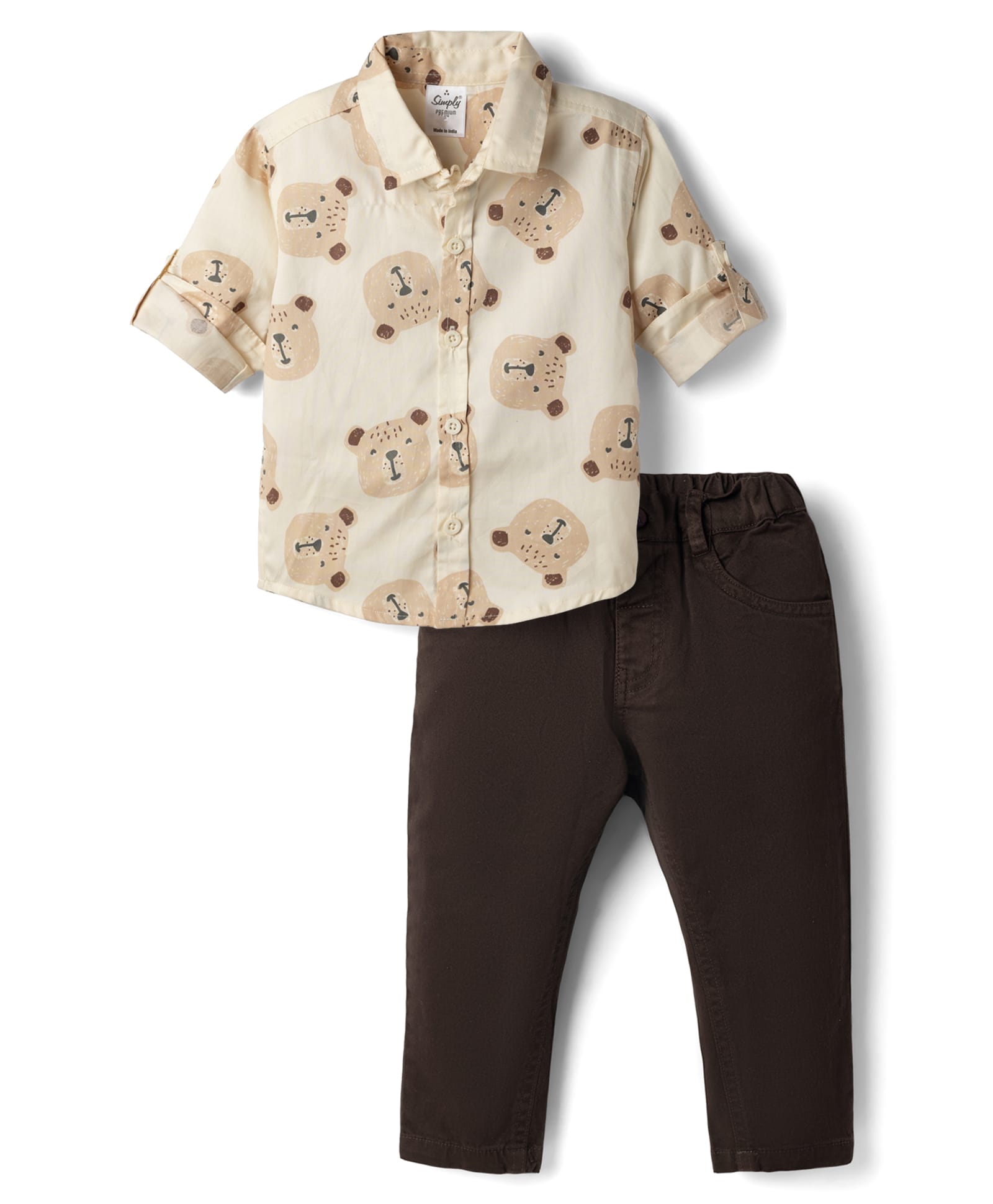 Simply Premium Twill Woven Full Sleeves Bear Printed Shirt and Jeans Set - Cream & Brown-picture-35