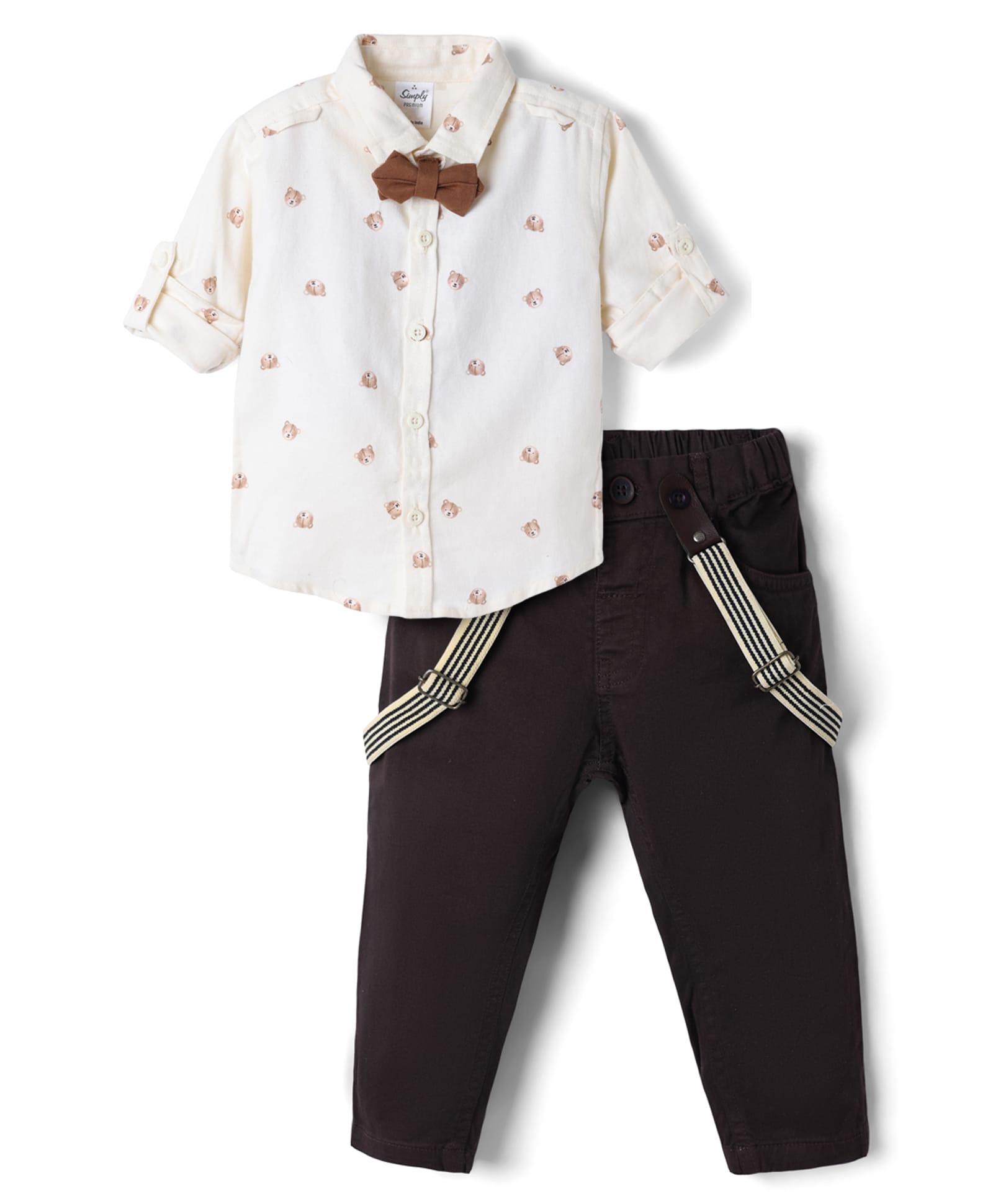 Simply Premium Twill Woven Full Sleeves Bear Printed Party Wear Shirt and Pant Set with Bow & Suspenders - Beige-picture-14