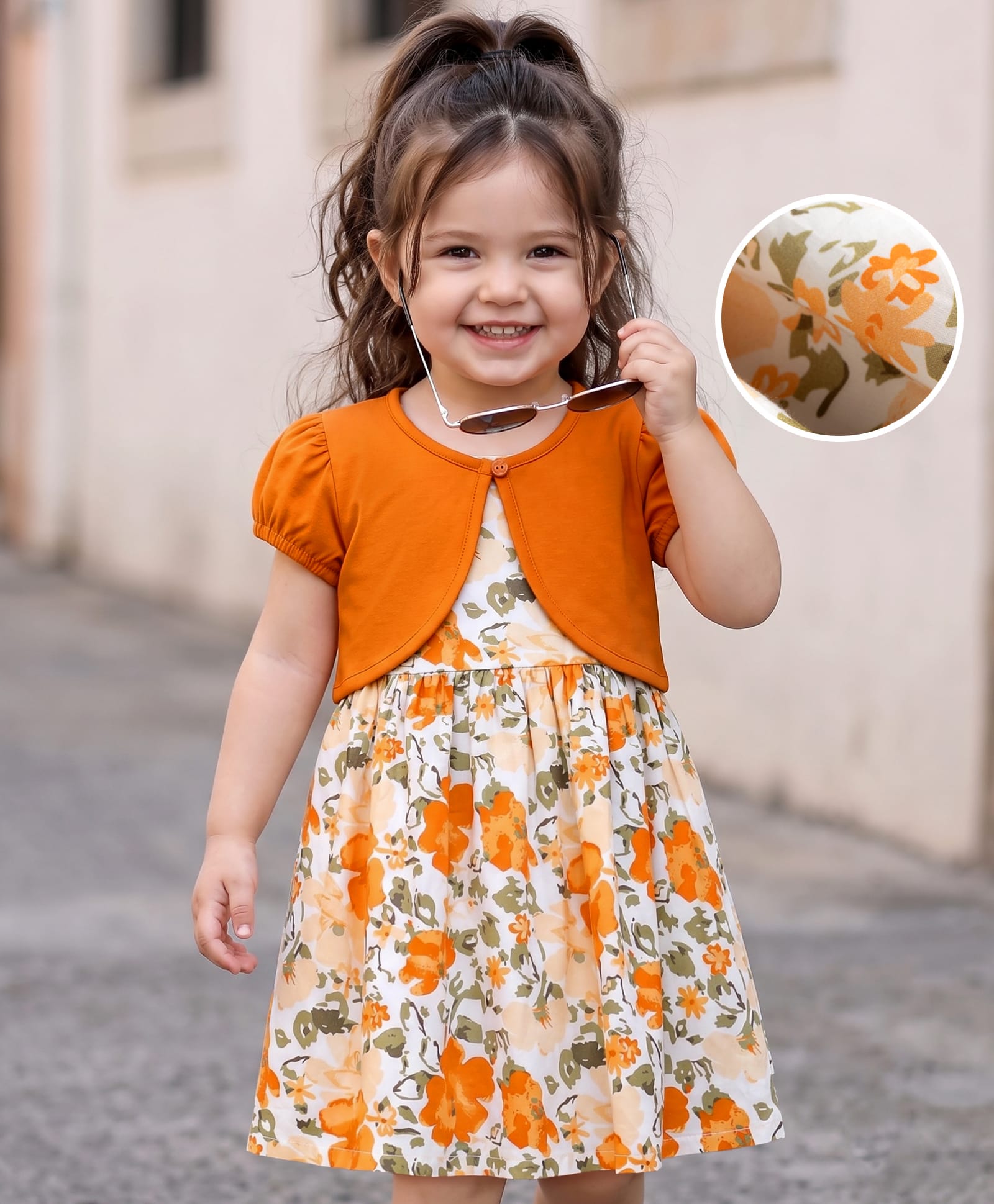 Babyhug Cotton Woven Half Sleeves Floral Printed Frock With Shrug - Orange-image-49