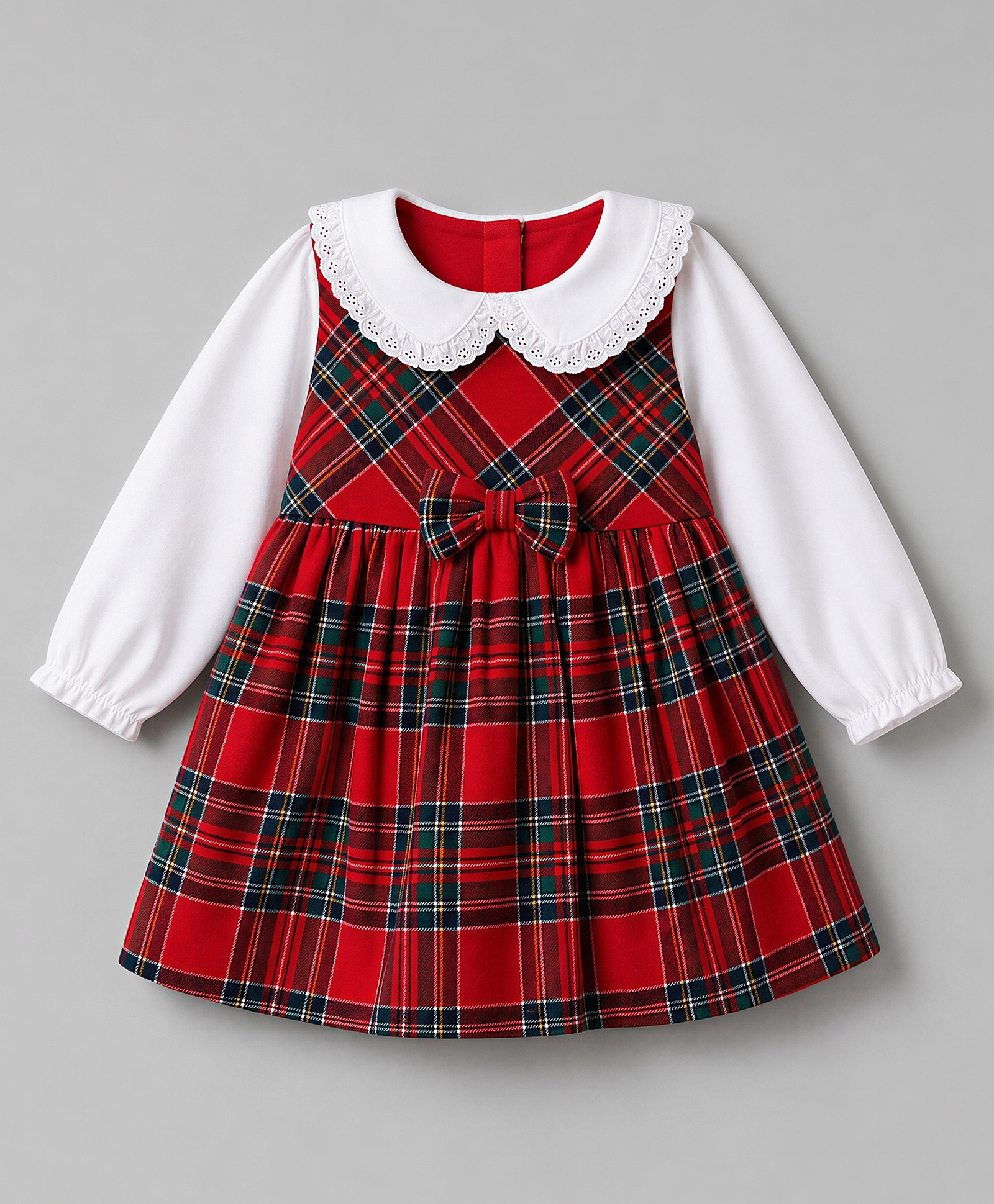 Babyhug Woven Full Sleeves Checked Frock With Bow Applique - Red-image-8