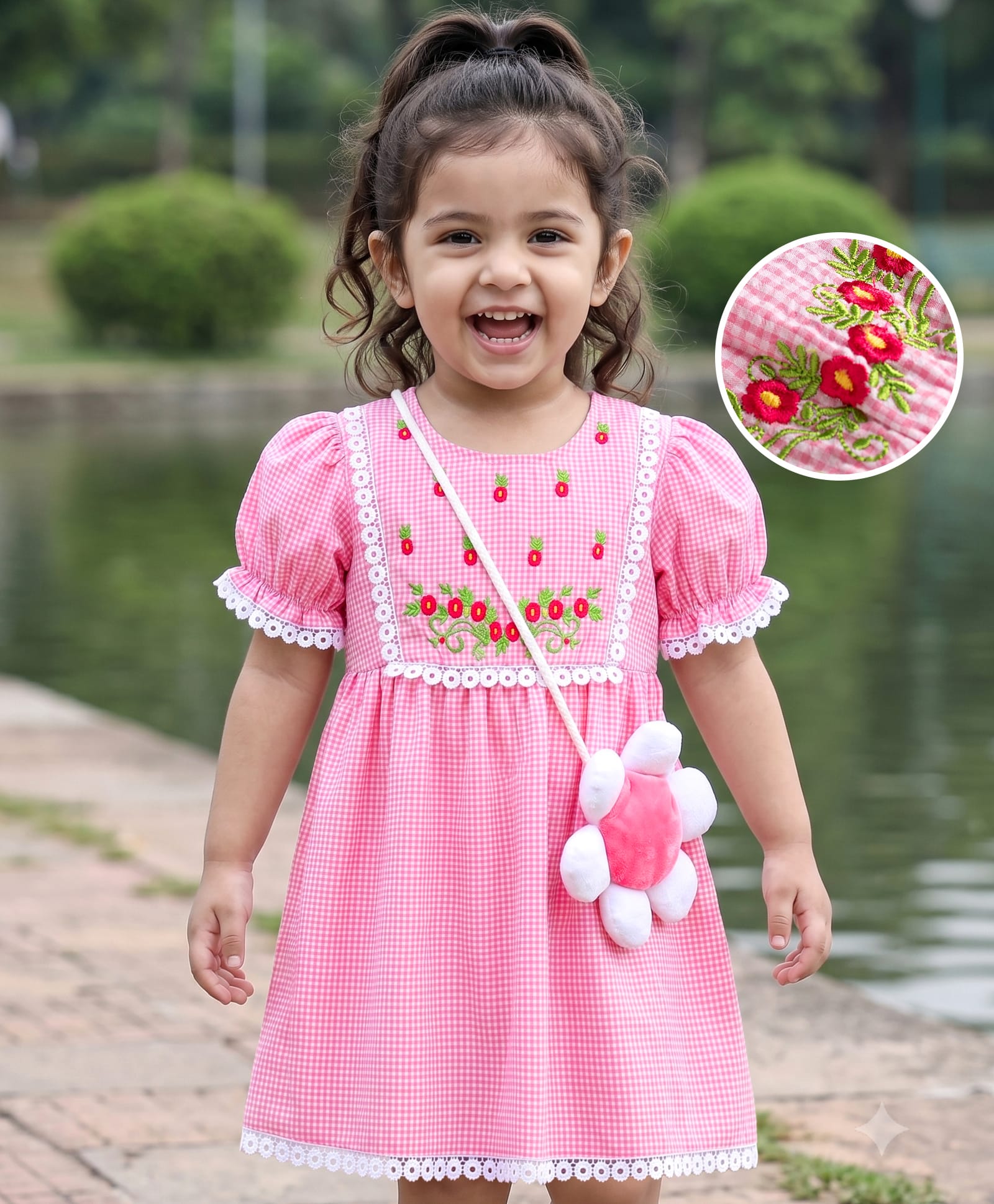 Babyhug Woven Half Sleeves Floral Embroidered & Checked Frock With Floral Applique & Lace Detailing - Pink-image-37