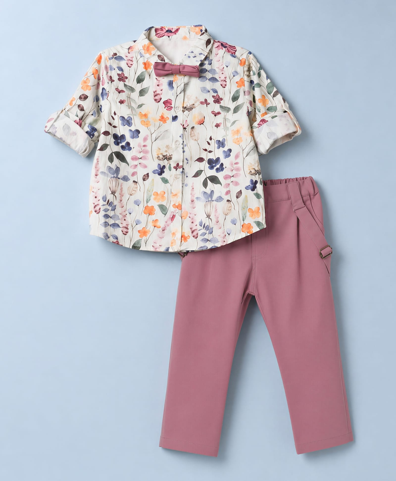 ToffyHouse Poplin Woven Full Sleeves Floral Printed Shirt & Pant Set with Bow & Suspender - Dark Pink-picture-20