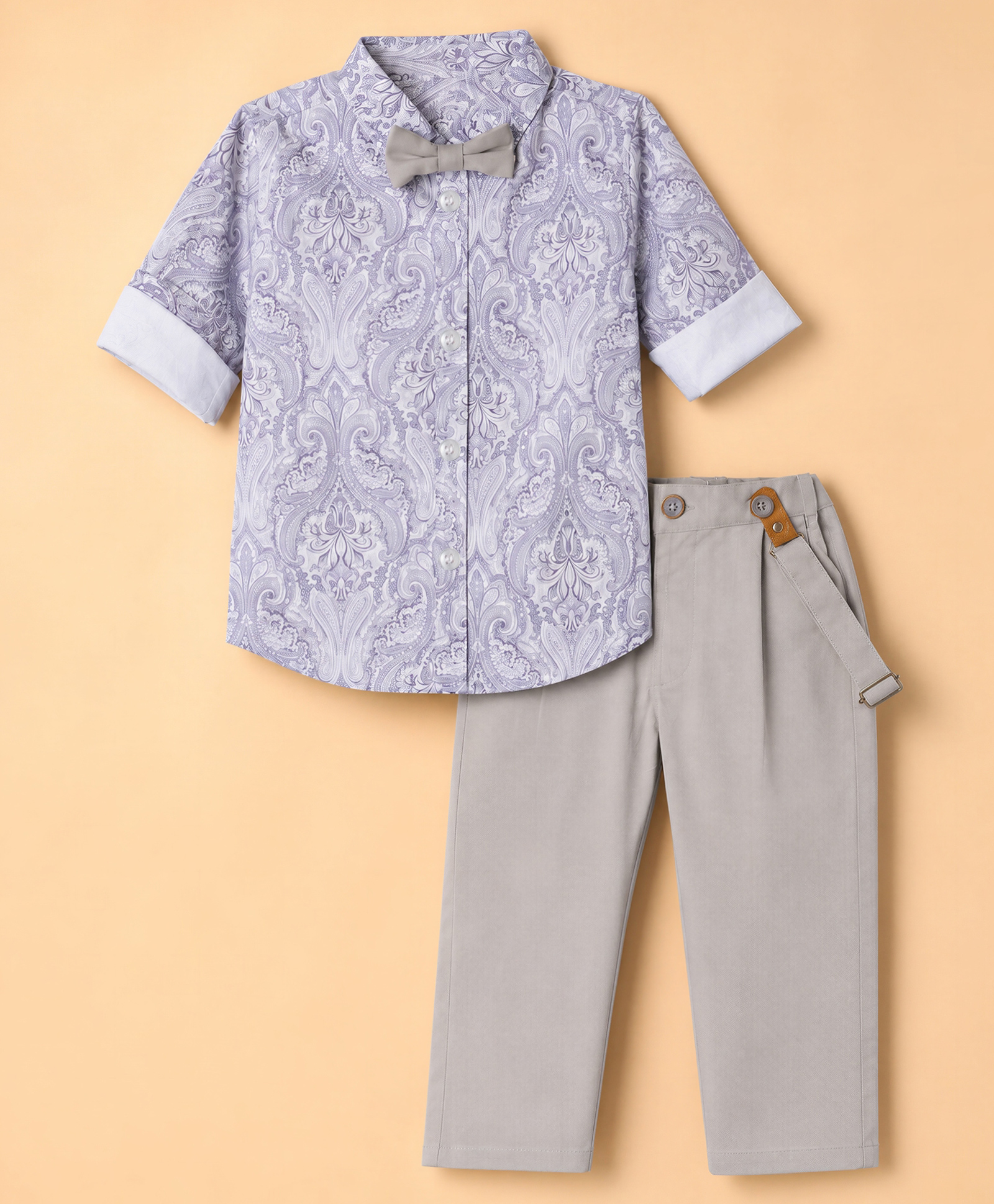 ToffyHouse Poplin Poplin Full Sleeves KOlka Printed Shirt & Trouser Set with Bow & Suspender- Grey-picture-28