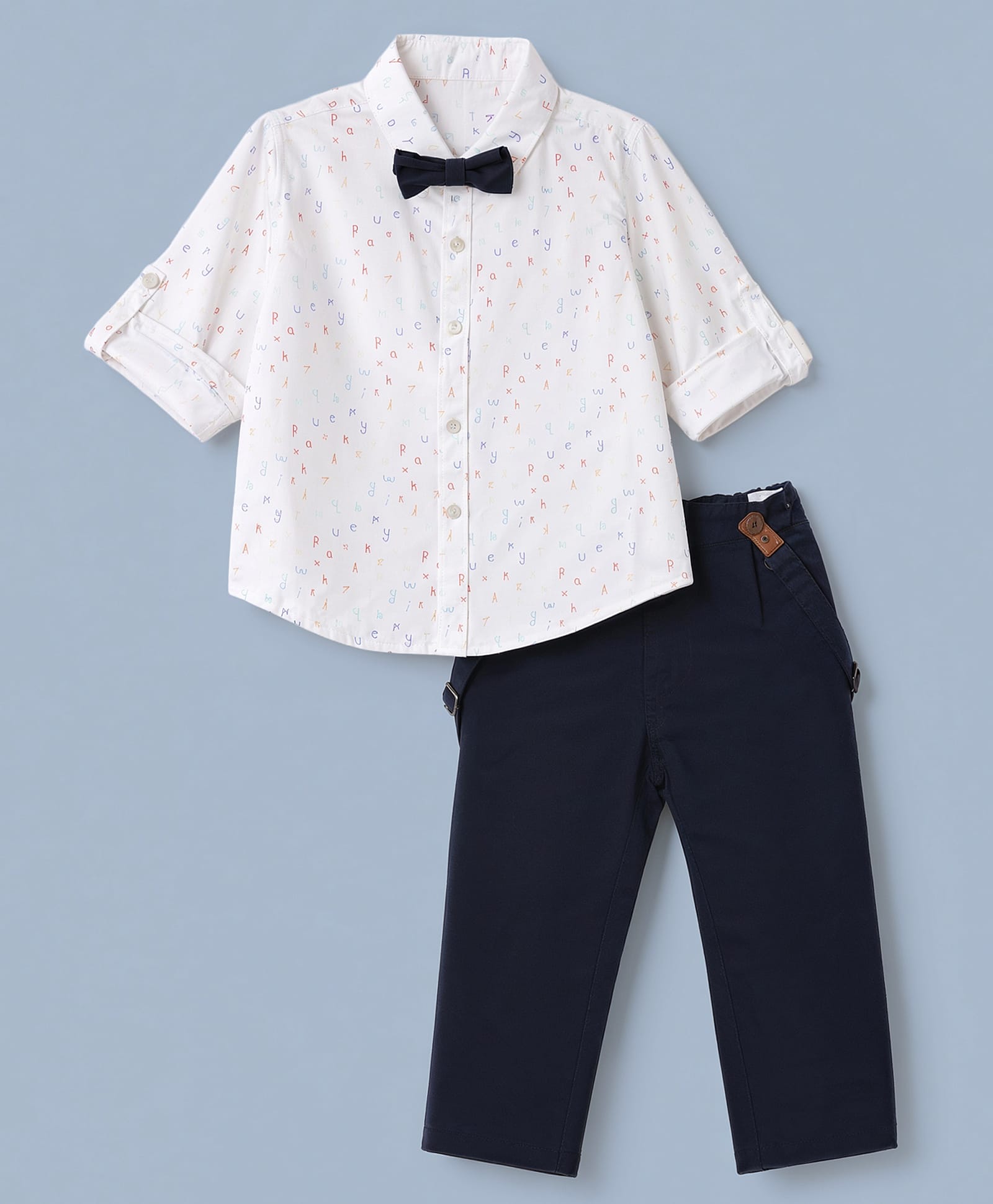 ToffyHouse Poplin Woven Full Sleeves Alphabet Printed Party Shirt & Trouser With Suspender & Bow - White & Navy Blue-image-47