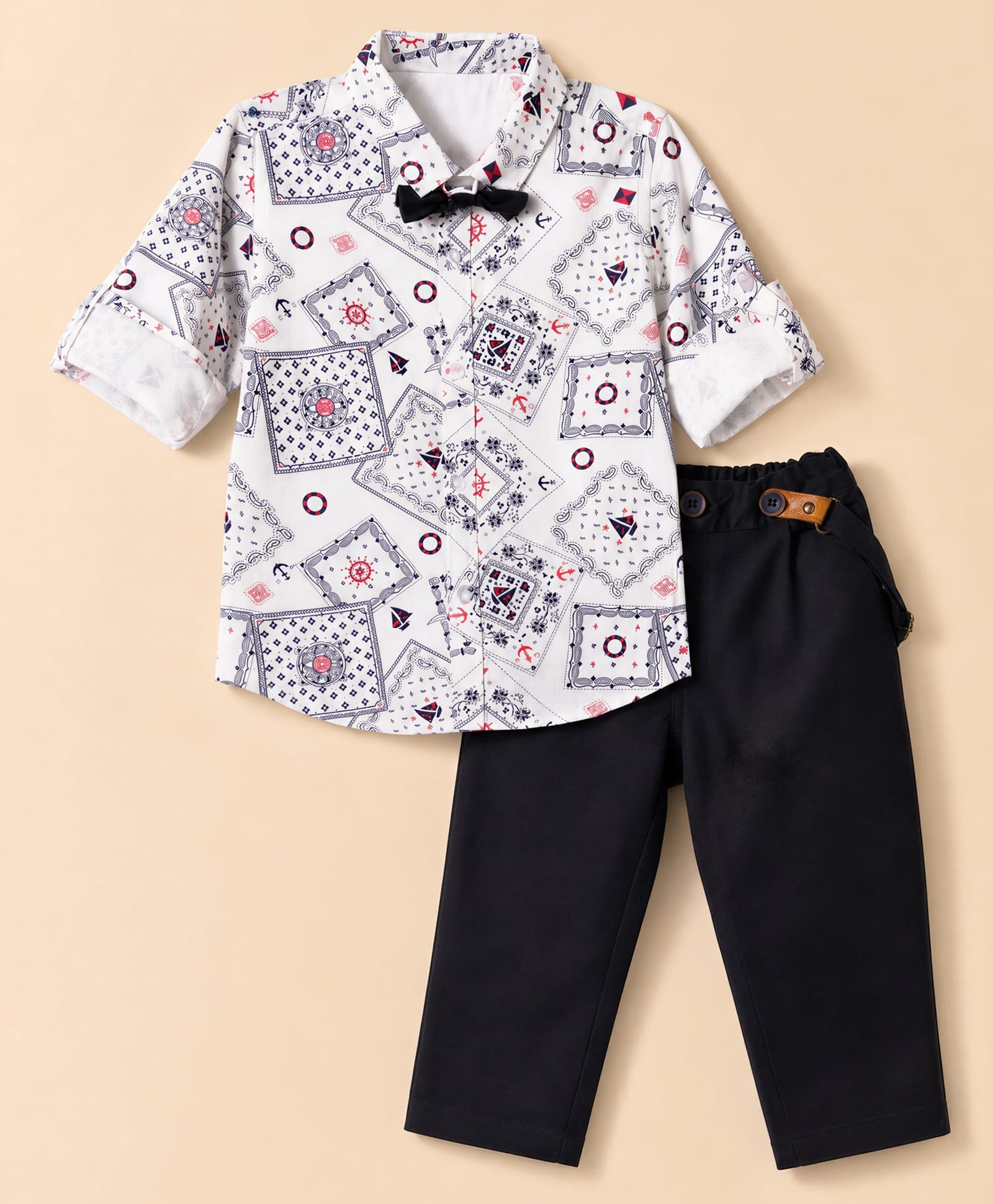 ToffyHouse Poplin Woven Full Sleeves Nautical Theme Printed Shirt & Pant Set With Bow & Suspender -Black-picture-27